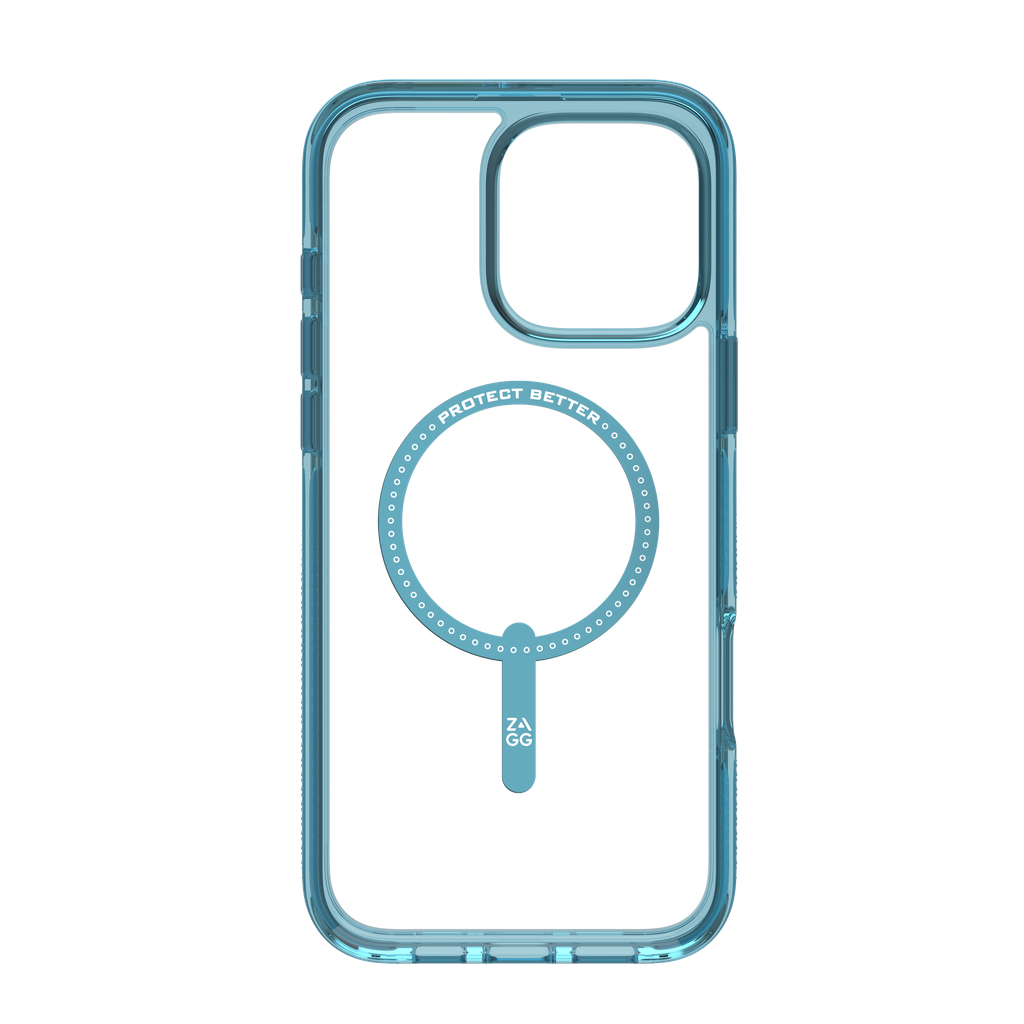 Een helderblauwe telefoonhoes met een cirkelvormige magnetische ring en een handvat. De hoes heeft de tekst 'PROTECT BETTER' en 'ZAGG'.