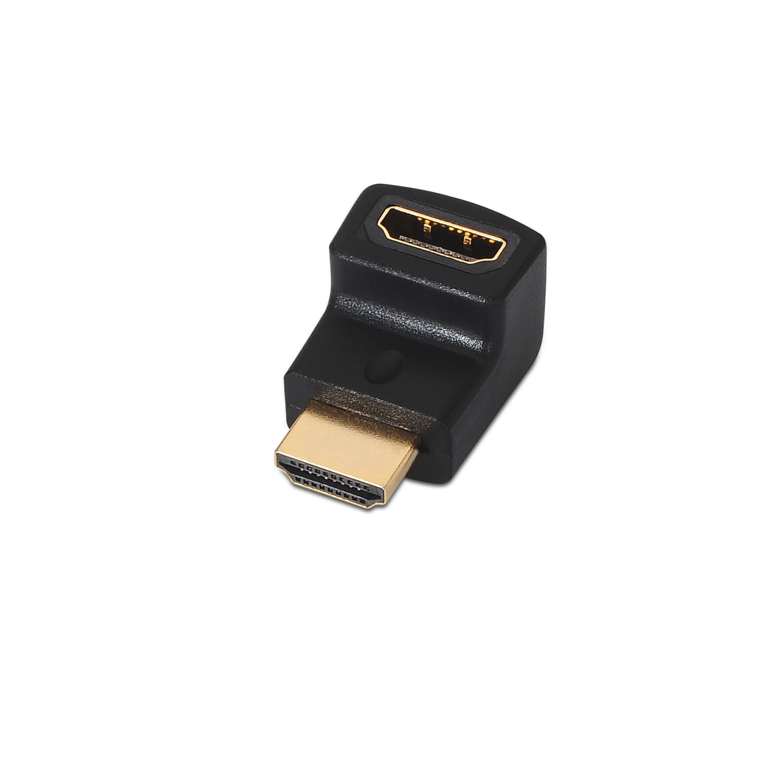 Un adaptador HDMI negro con dos puertos dorados, en ángulo de 90 grados, sobre un fondo blanco.
