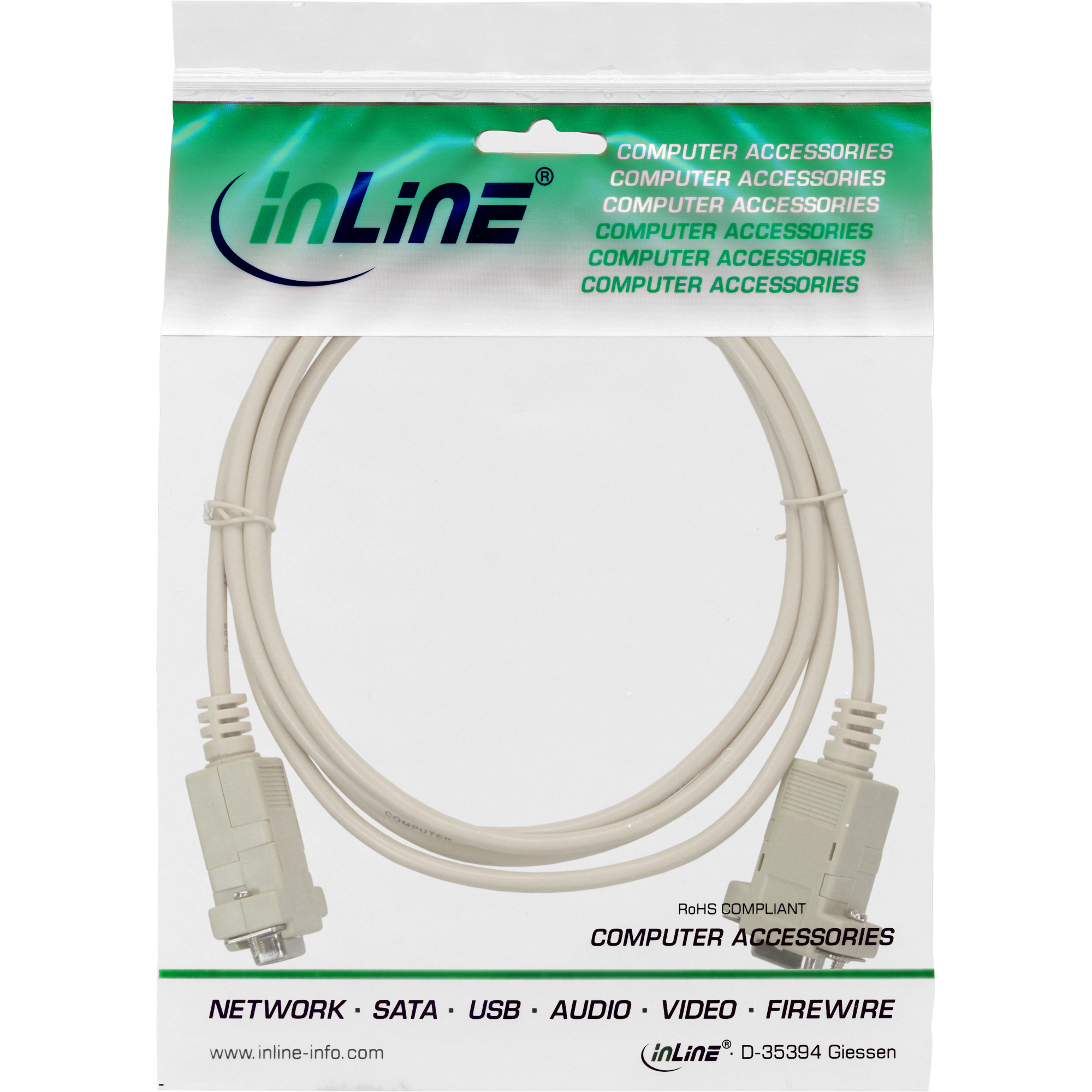 Beiges Computerkabel in Plastikverpackung. Die Verpackung hat das 'inLine'-Logo und 'COMPUTER ZUBEHÖR'.