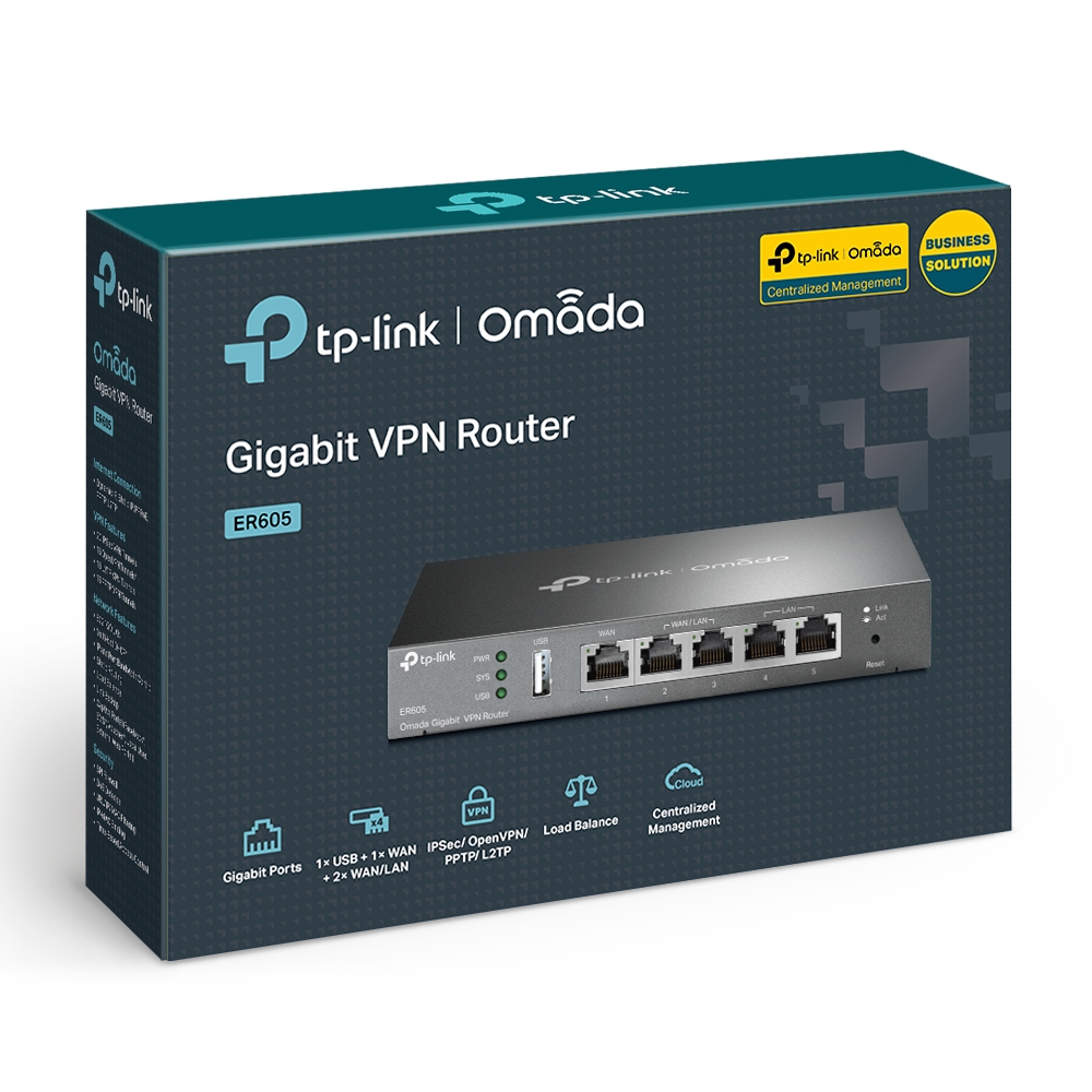 Pudełko z routerem VPN Gigabit Omada tp-link. Pokazuje router i ikony funkcji, takich jak VPN i zarządzanie w chmurze.