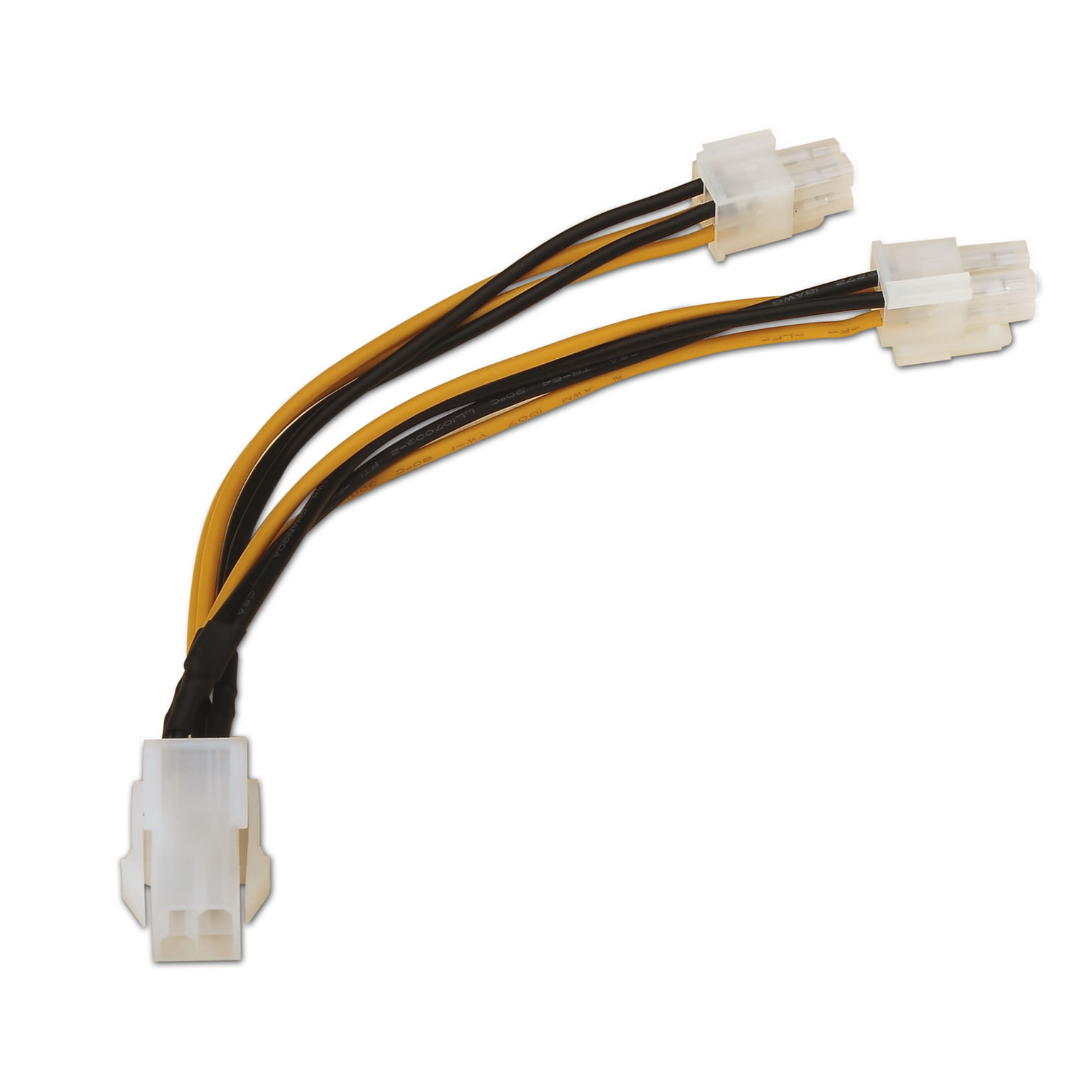 Un divisor de cable de alimentación blanco, con tres conectores blancos. Los cables son negros y amarillos, sobre un fondo blanco.