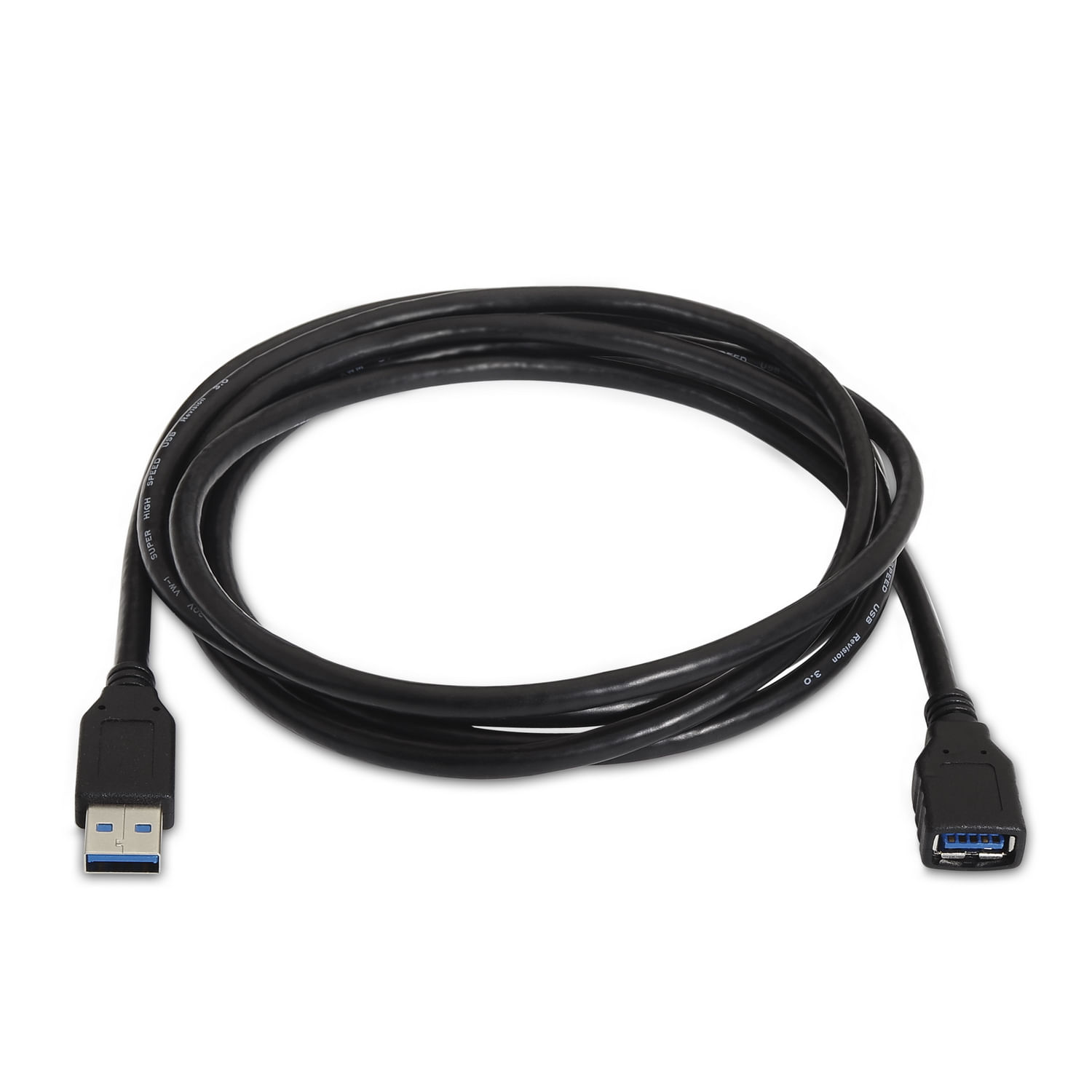 Un cavo USB 3.0 nero su sfondo bianco. Un'estremità è un connettore maschio, l'altra femmina.