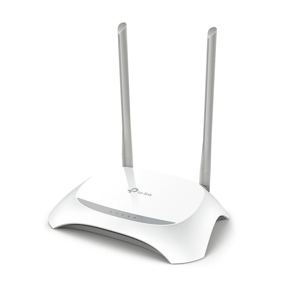 Biały router TP-Link z dwiema srebrnymi antenami. Znajduje się na białej powierzchni, ze wskaźnikami i logo TP-Link.