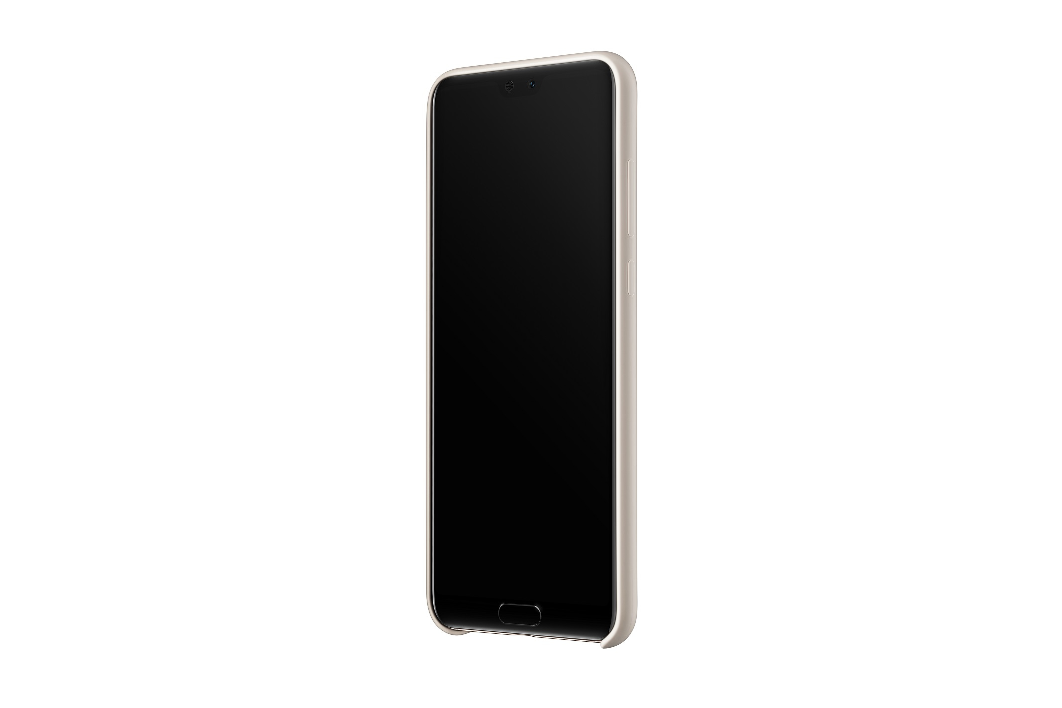 Ein Smartphone mit schwarzem Bildschirm ist im Winkel gezeigt. Es befindet sich in einem hellfarbigen Gehäuse vor weißem Hintergrund.