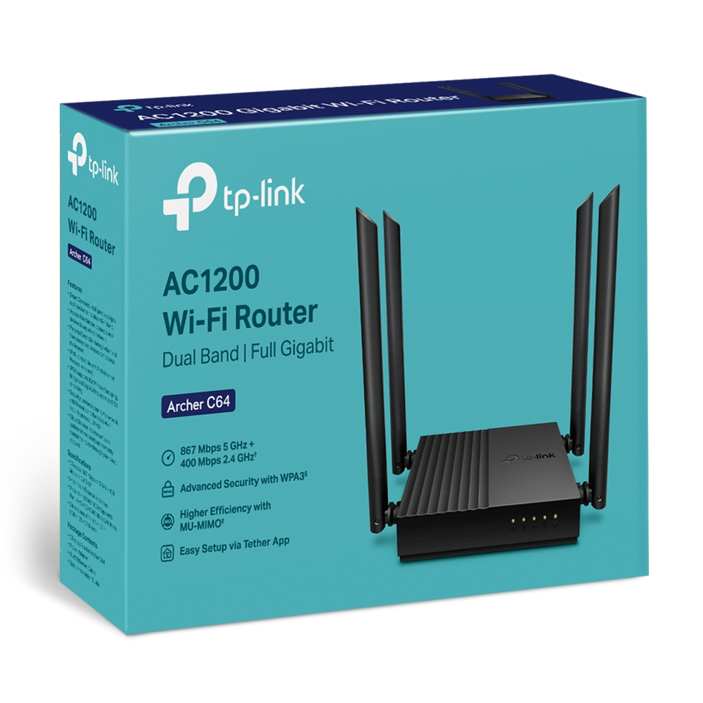 Pudełko routera Wi-Fi TP-Link AC1200. Pudełko jest jasnoniebieskie i ma router z czarnymi antenami. Tekst na pudełku zawiera funkcje i specyfikacje.