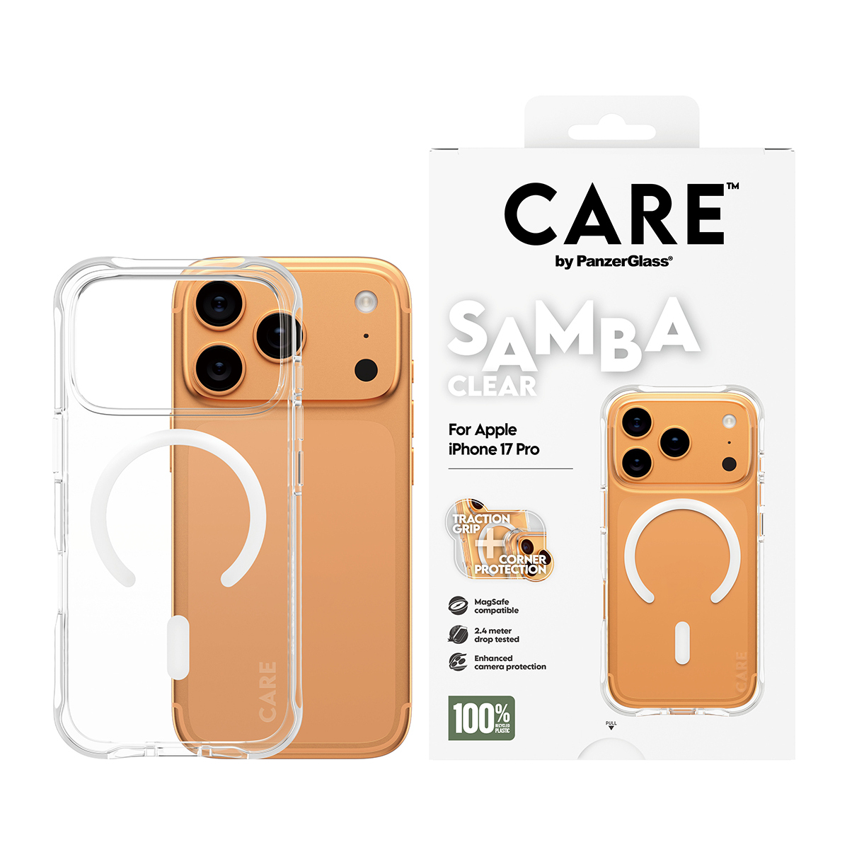 Şeffaf kılıflı bir iPhone 17 Pro. Ambalaj, 'CARE' markasını ve MagSafe uyumluluğu gibi özellikleri gösteriyor.