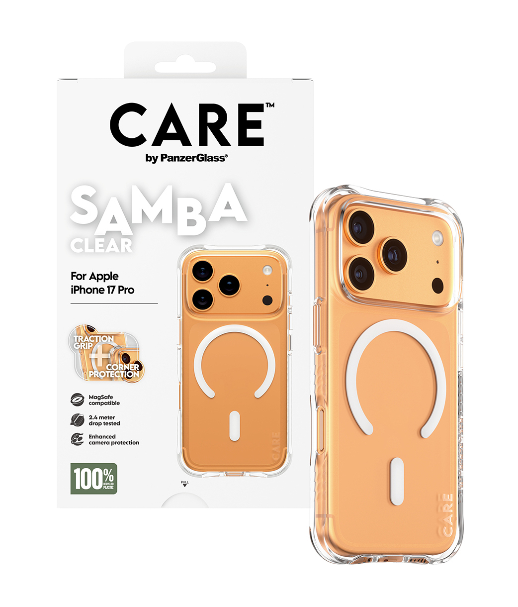 iPhone 17 Pro için bir telefon kılıfı. Kılıf şeffaf, turuncu renkli bir arka kısma ve beyaz bir C şeklinde tasarıma sahip. Ambalaj beyazdır.