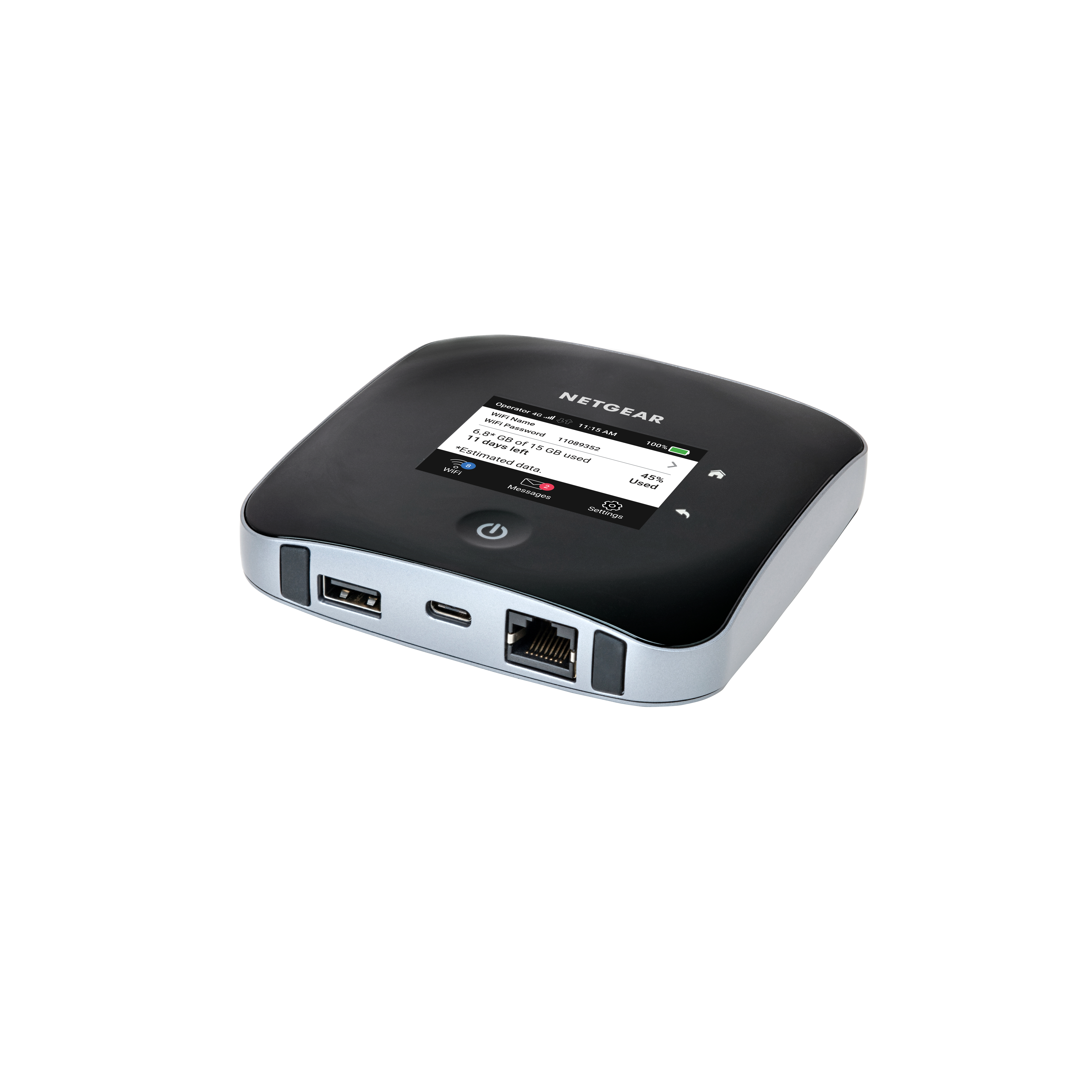 Ein schwarzer Netgear-Mobilrouter auf weißem Hintergrund. Er hat einen Bildschirm mit Nutzungsdaten.