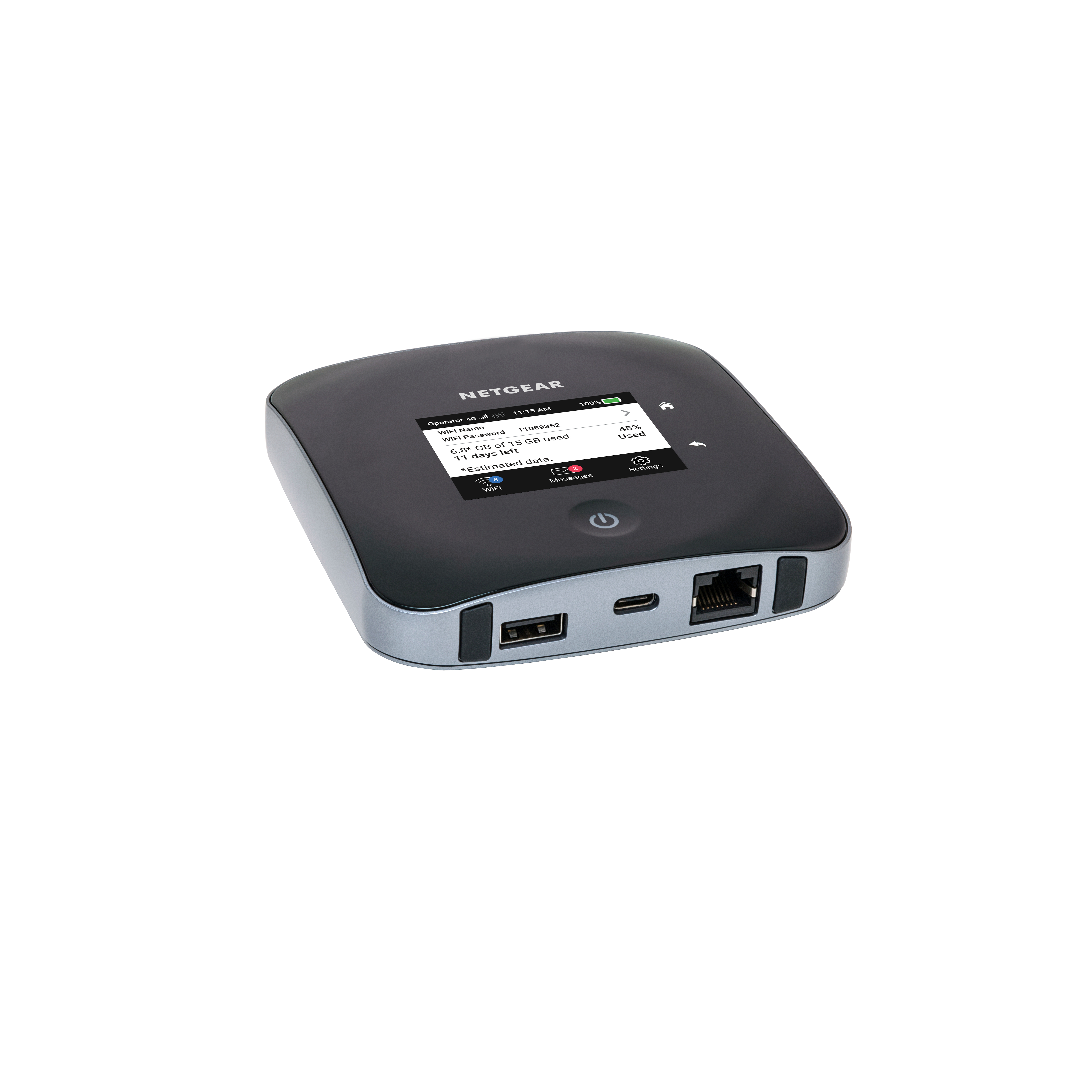 Ein schwarzes mobiles NETGEAR-Hotspot-Gerät. Der Bildschirm zeigt Datennutzung und Einstellungen.