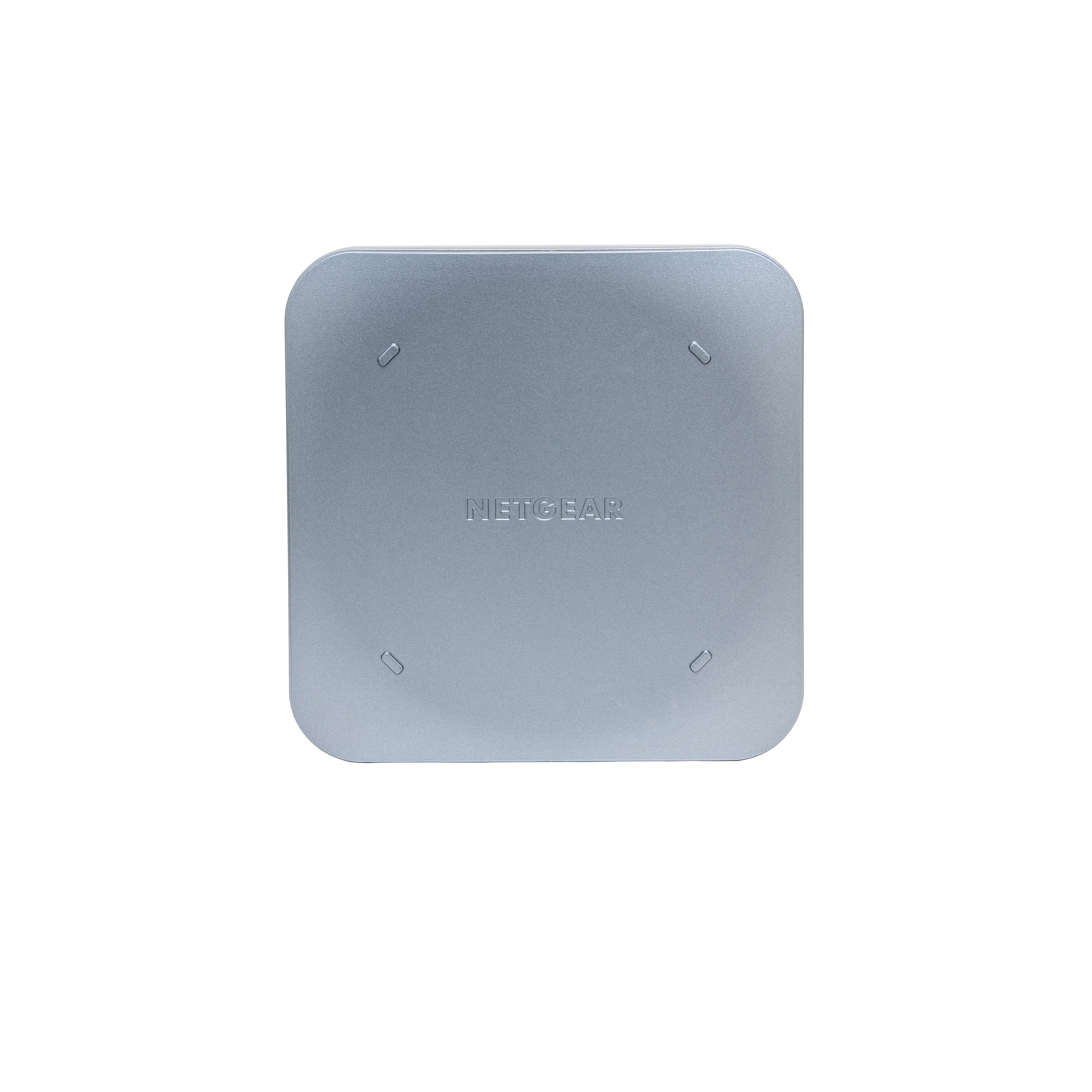 Graues, quadratisches Netgear-Gerät, Draufsicht. Es hat abgerundete Ecken und einen weißen Hintergrund.