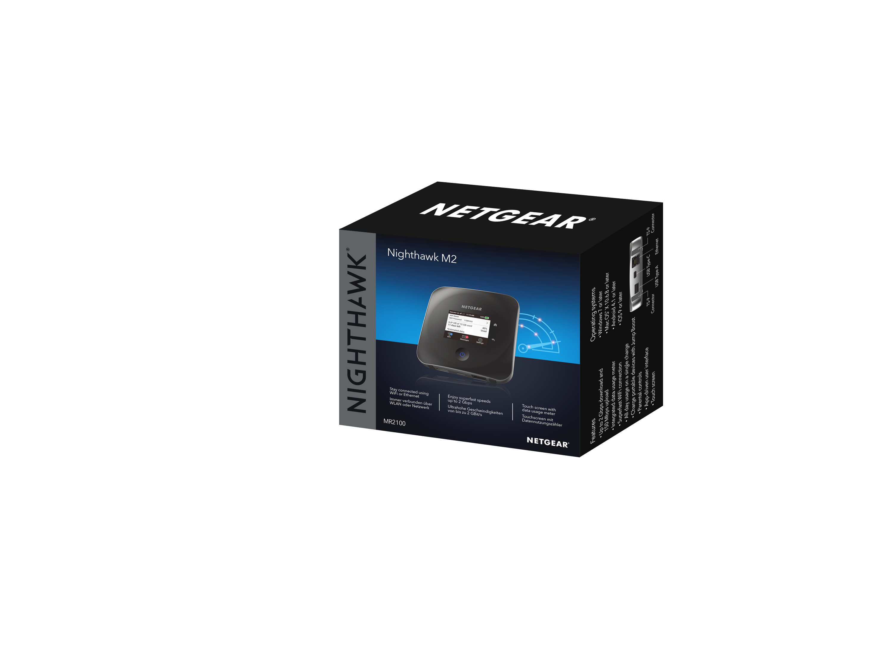 Eine Schachtel für einen Netgear Nighthawk M2. Sie zeigt das Produkt, die Funktionen und Spezifikationen.