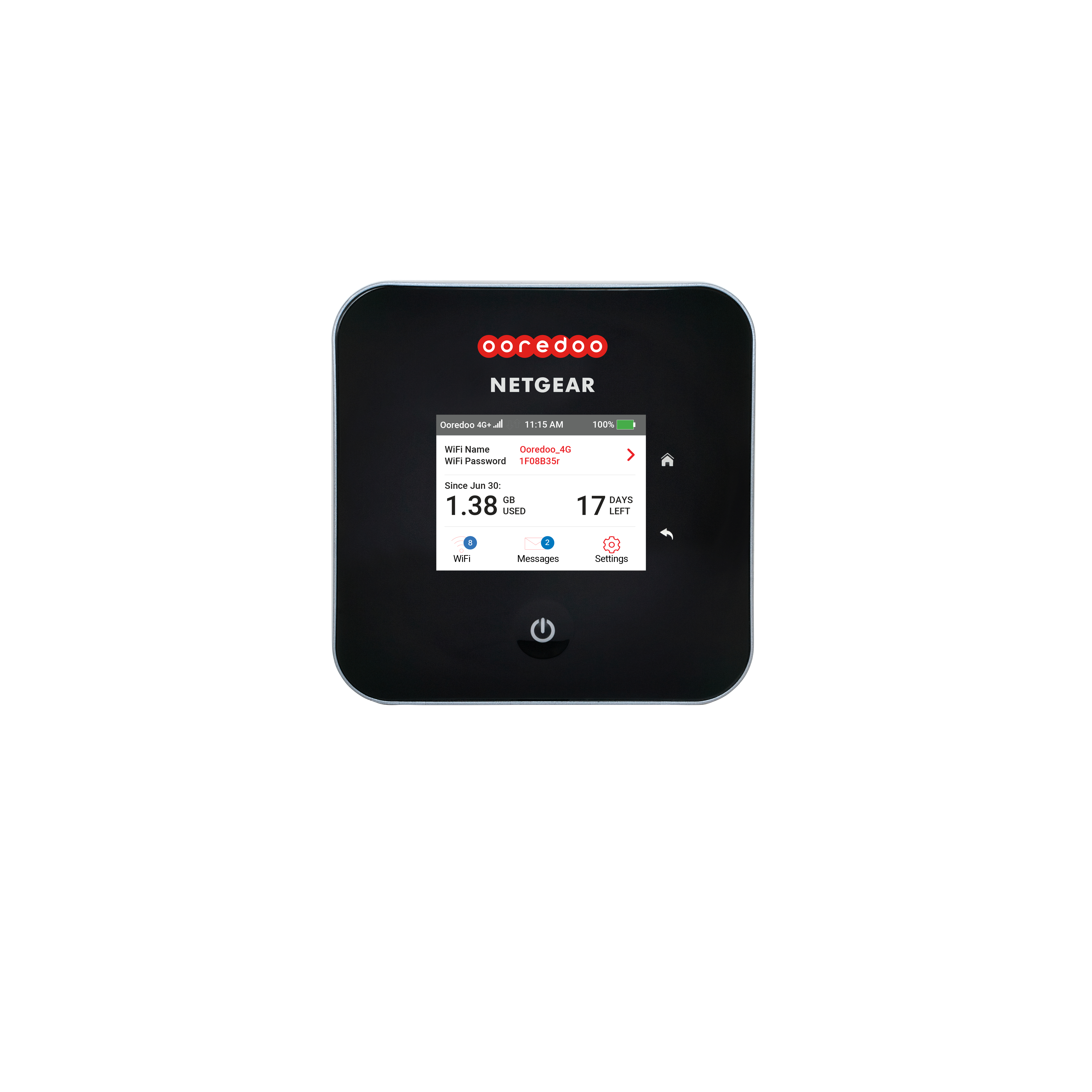Ein schwarzes Netgear-Gerät zeigt Netzwerkinformationen an. Es zeigt Datennutzung, verbleibende Tage und Verbindungsdetails.