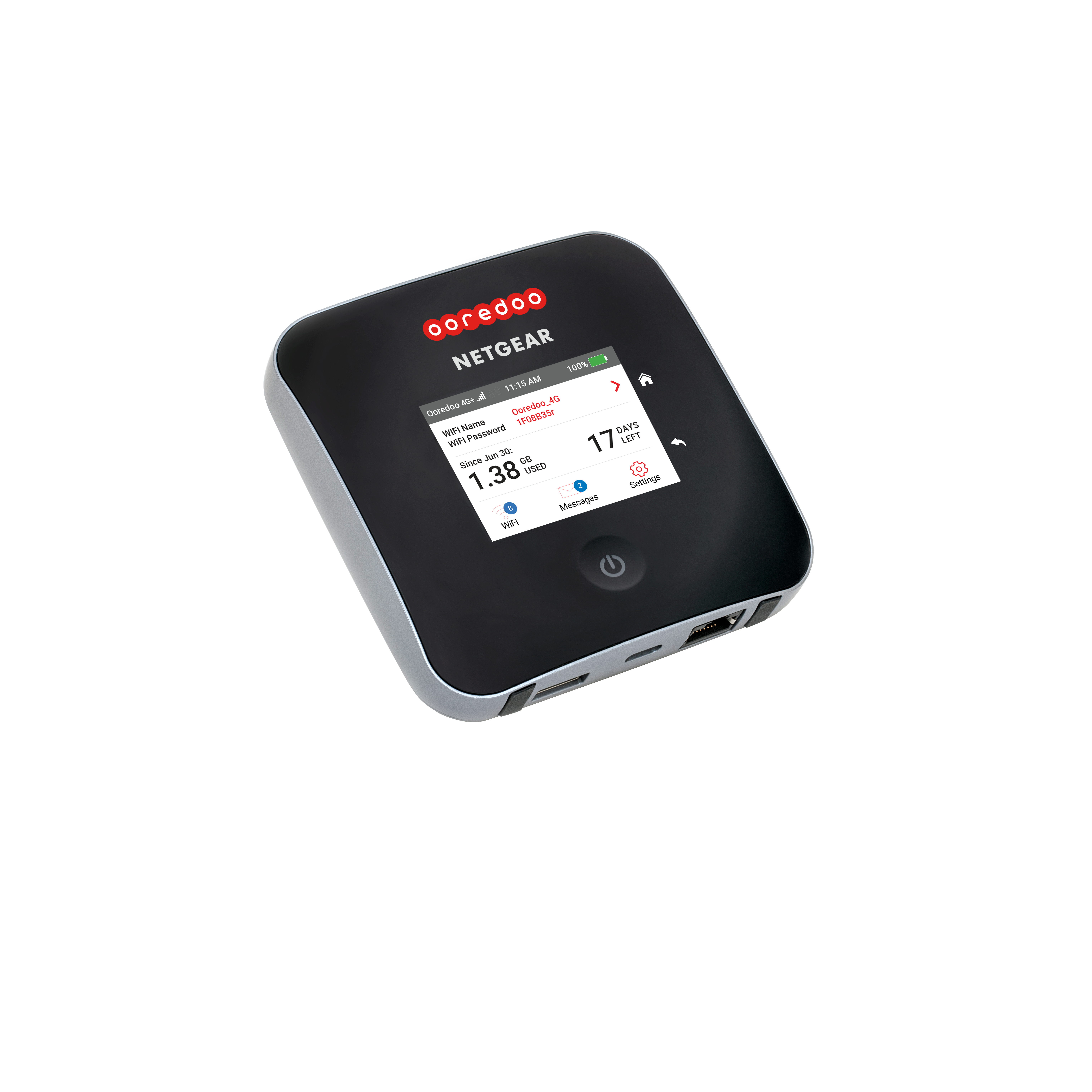 Ein schwarzes Netgear-Gerät zeigt Informationen: WLAN-Name, Passwort, Datennutzung und verbleibende Tage. Ooredoo-Logo oben.