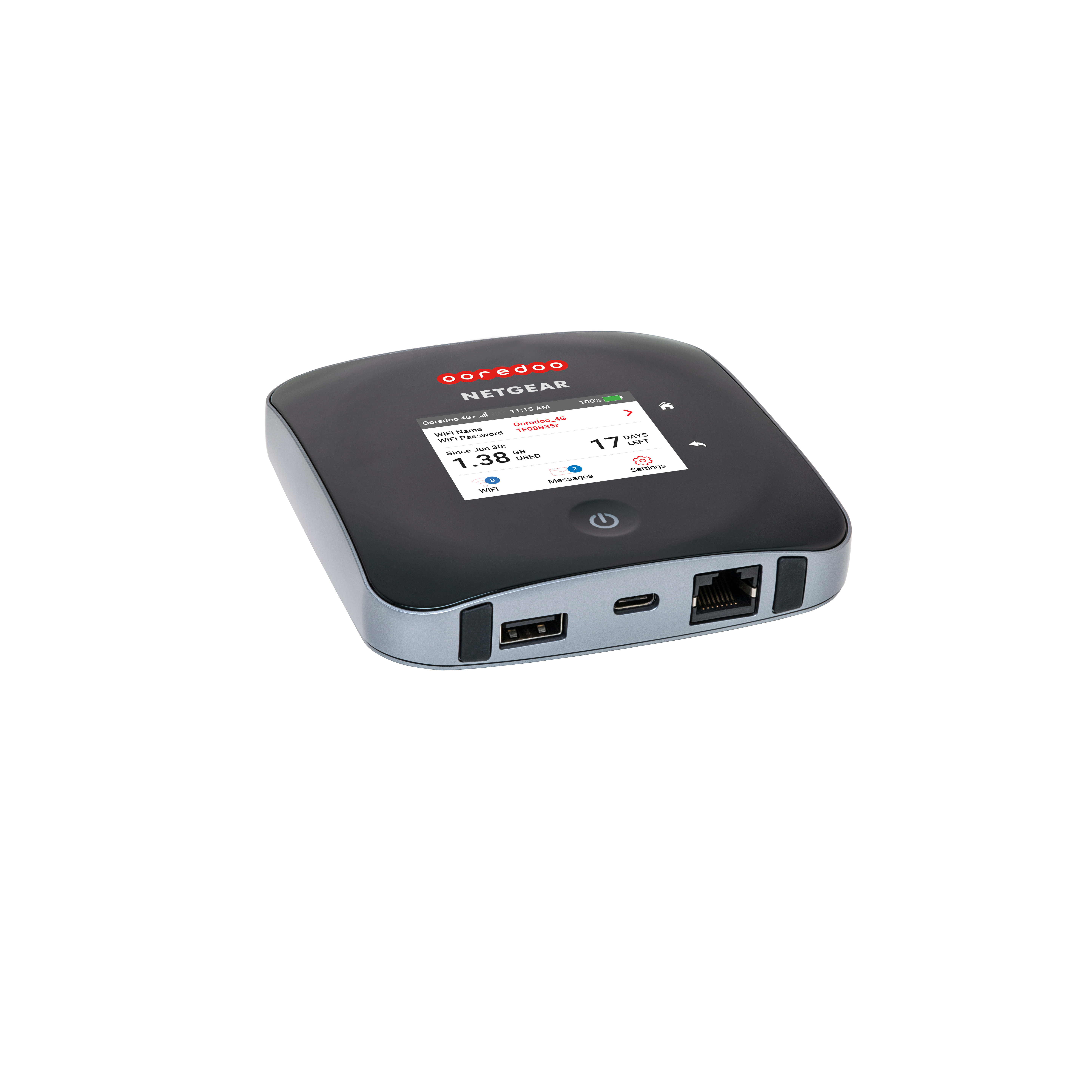 Ein schwarzes und silbernes mobiles NETGEAR-Hotspot-Gerät mit einem Bildschirm, der Nutzungsdaten und Einstellungen anzeigt.