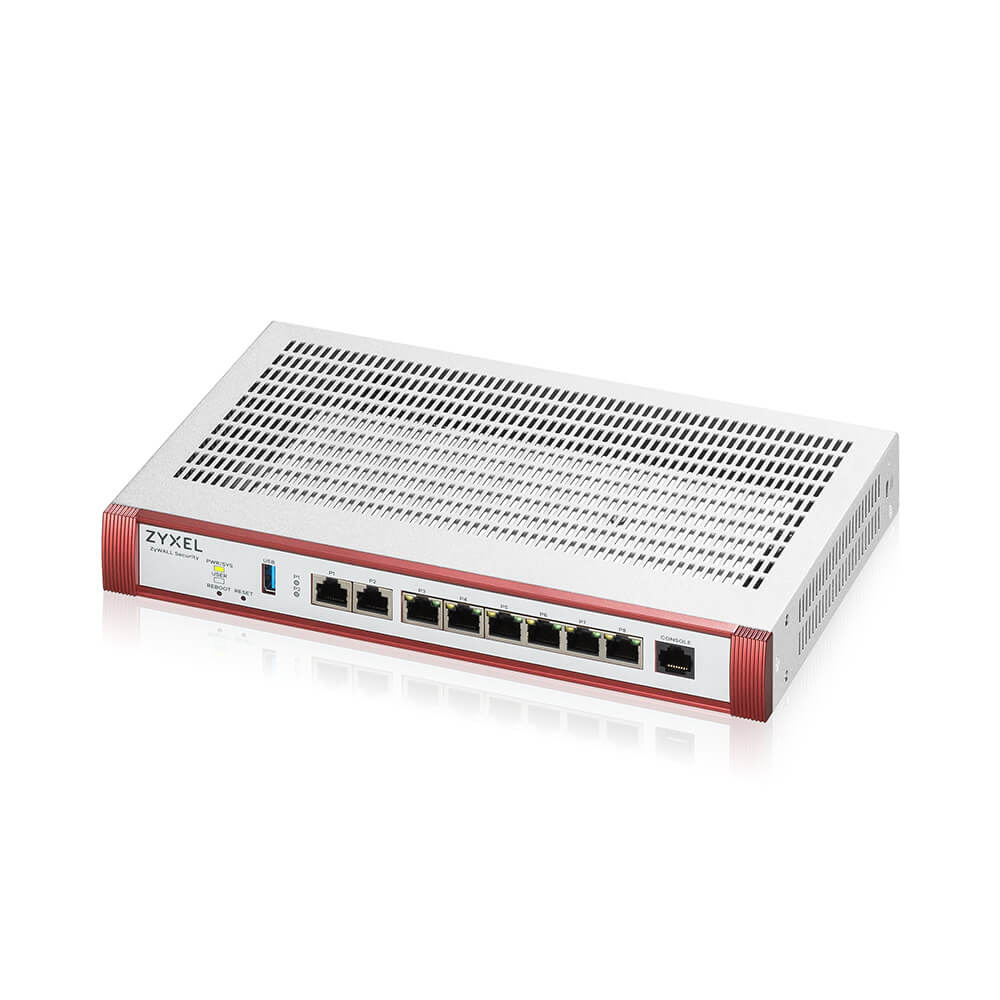 Un dispositivo di rete Zyxel, bianco e rosso, su sfondo bianco. Ha più porte e una parte superiore perforata.