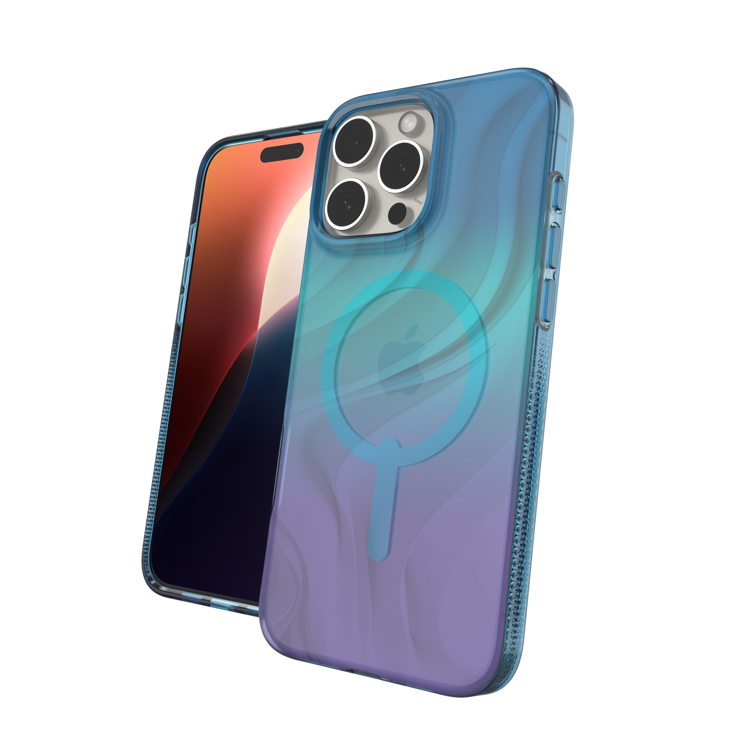 Een smartphone met een transparante blauw-paarse hoes. De telefoon staat voor de hoes. Witte achtergrond.