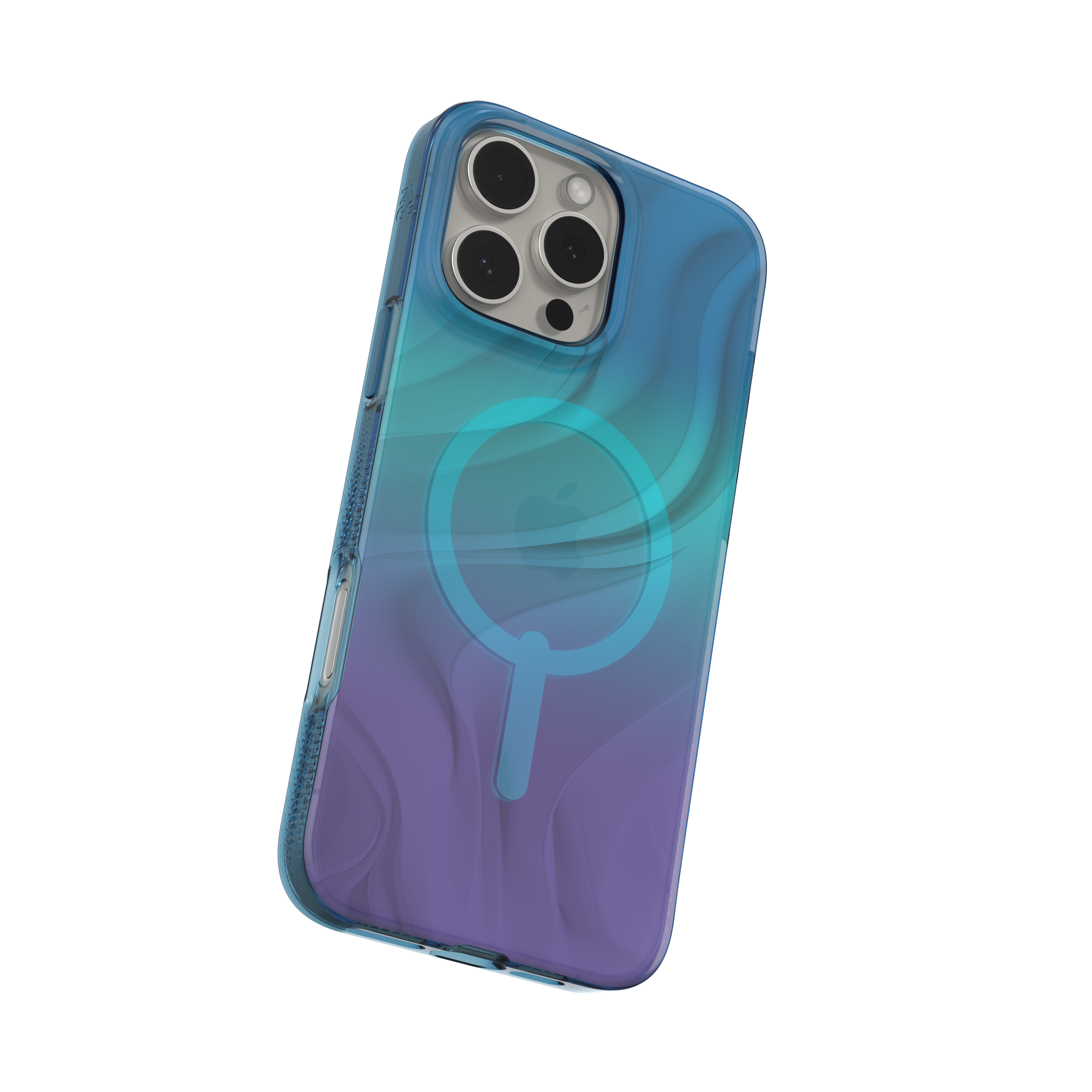 Een telefoonhoesje, blauw en paars verlopend, met uitsparingen voor de camera. Een Apple-logo is zichtbaar.