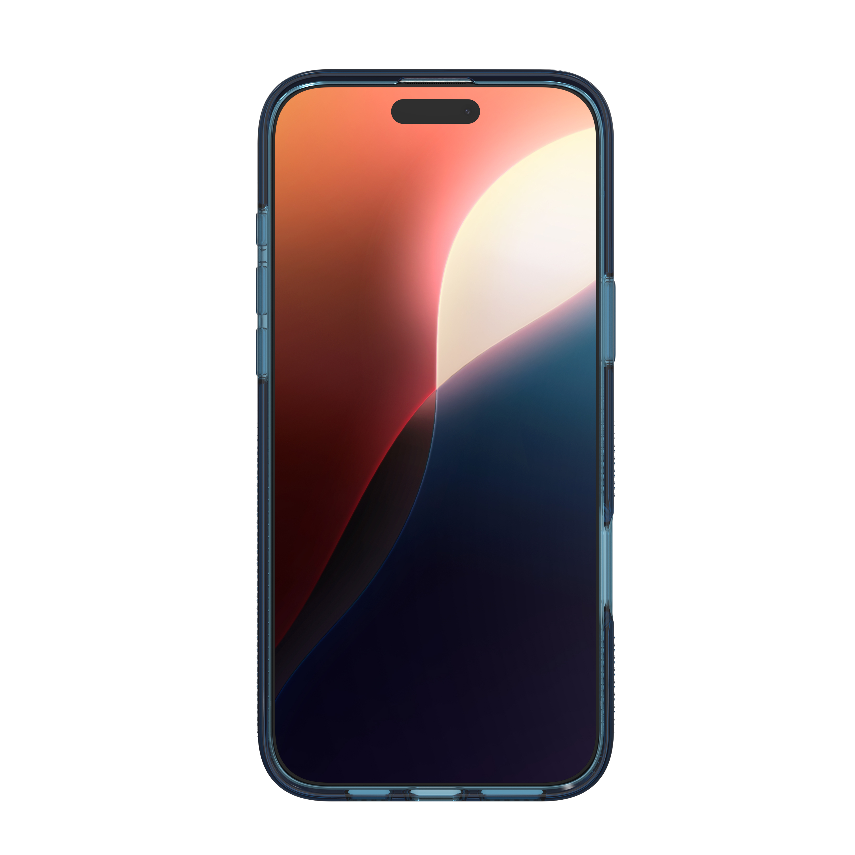 Een smartphone met een display met verloop wordt getoond. Het heeft een blauwe rand en is tegen een witte achtergrond.