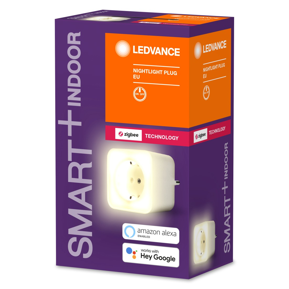 Produktbox für einen Smart-Nachtlicht-Stecker mit LEDVANCE-Branding. Mit EU-Stecker, Alexa- und Hey-Google-Kompatibilität.