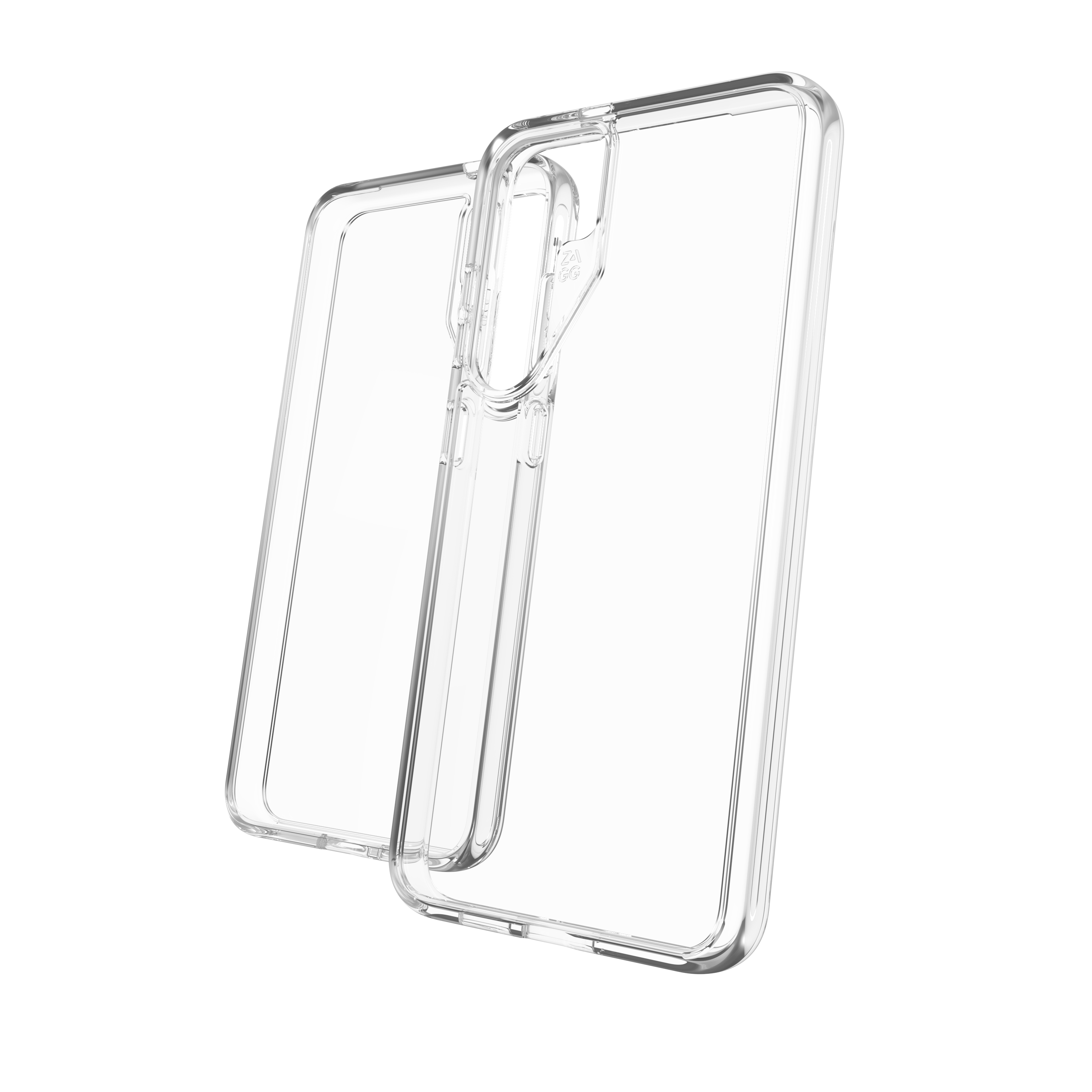 Dos fundas transparentes para teléfono están en ángulo sobre un fondo blanco. Una está abierta, mostrando el interior.