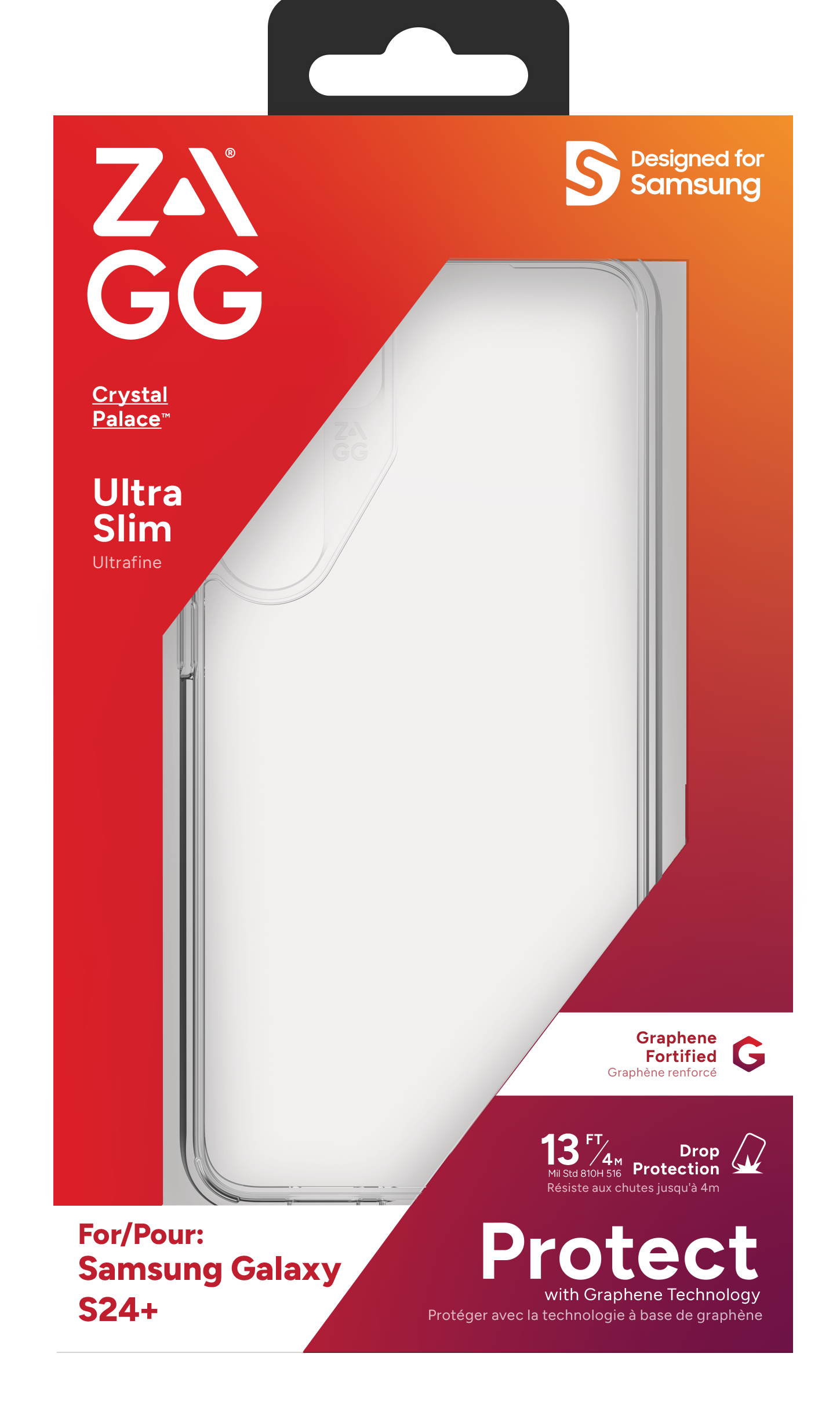 Una caja de funda para teléfono con el logo ZAGG, diseñada para Samsung Galaxy S24+. Presenta una funda transparente con protección contra caídas.