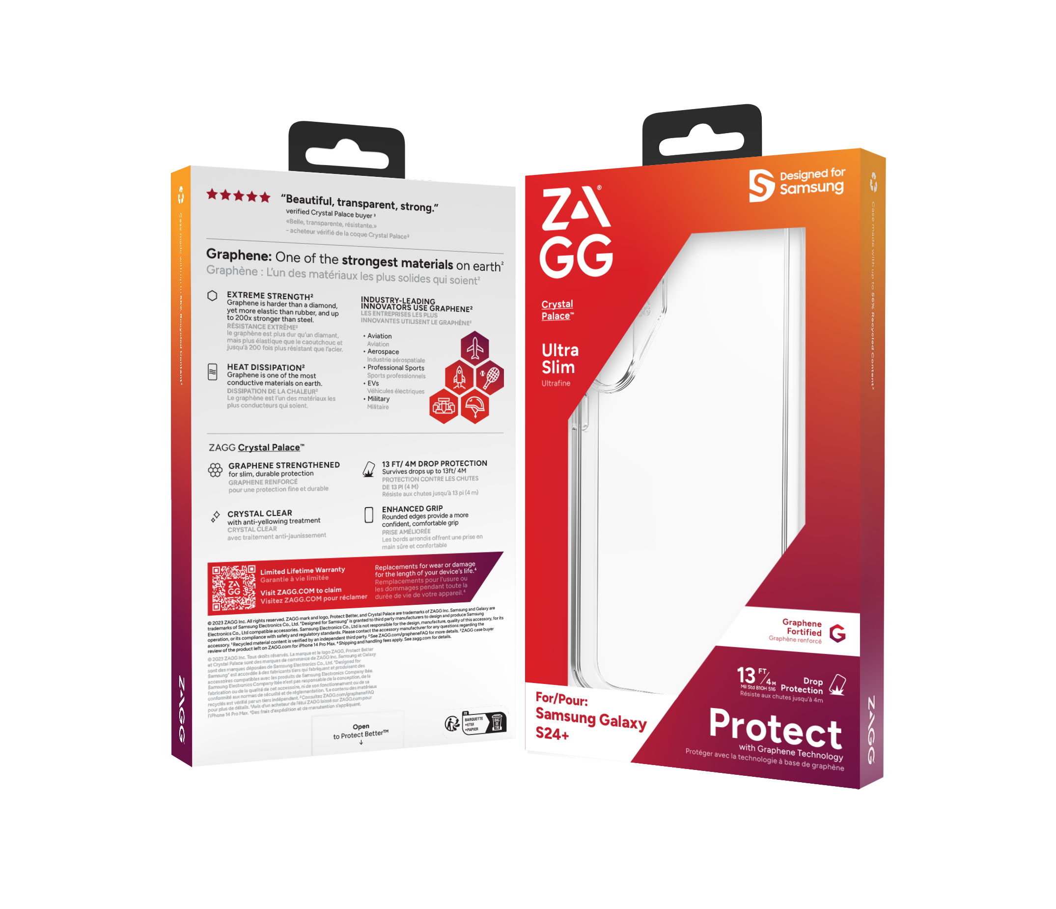 Una caja de funda de teléfono con el logotipo de ZAGG, la etiqueta Samsung Galaxy S24+ y detalles de la tecnología de grafeno.