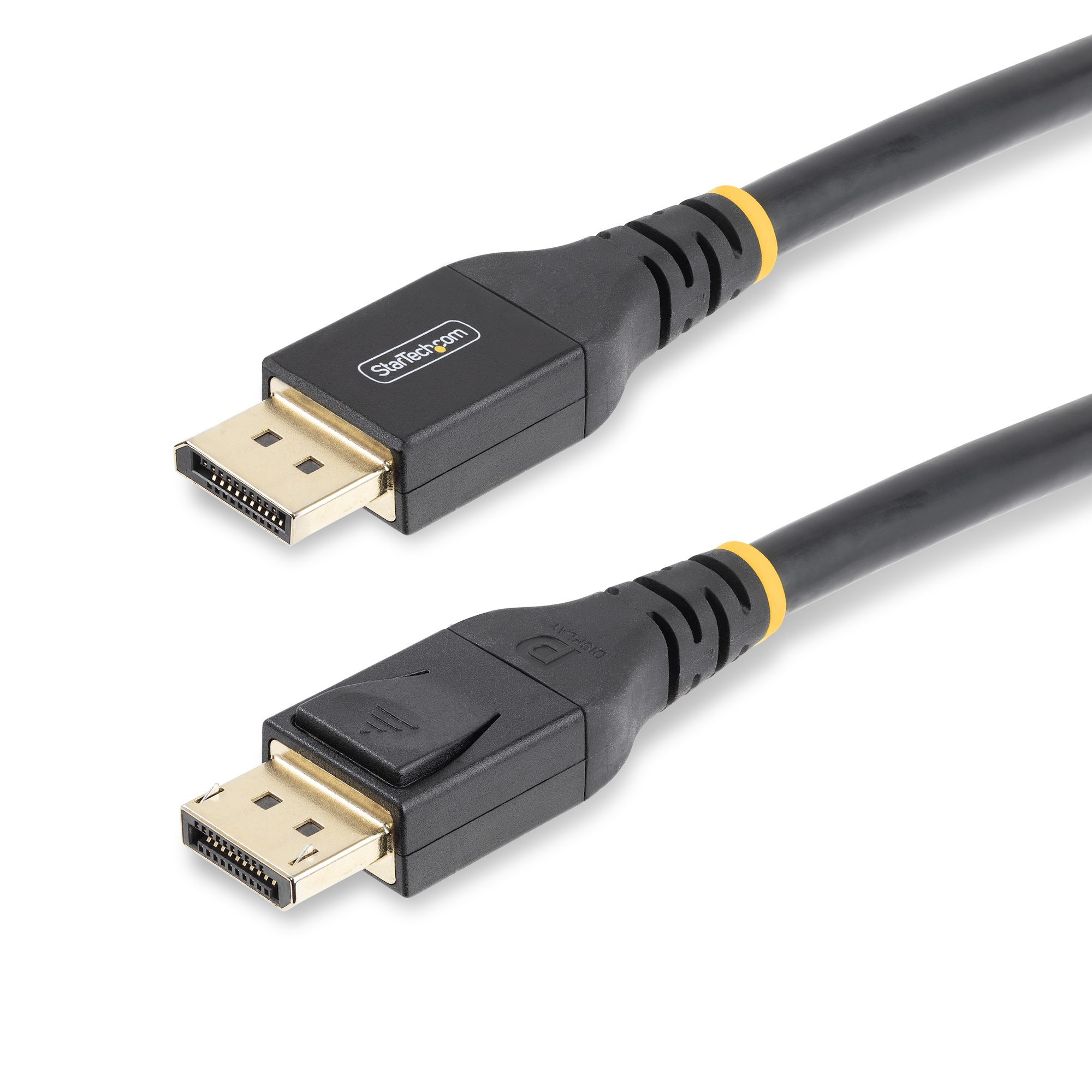 Zwei schwarze DisplayPort-Kabel. Die Anschlüsse haben goldene Stifte. Ein Kabel hat das StarTech.com-Logo, das andere ein DP-Logo.