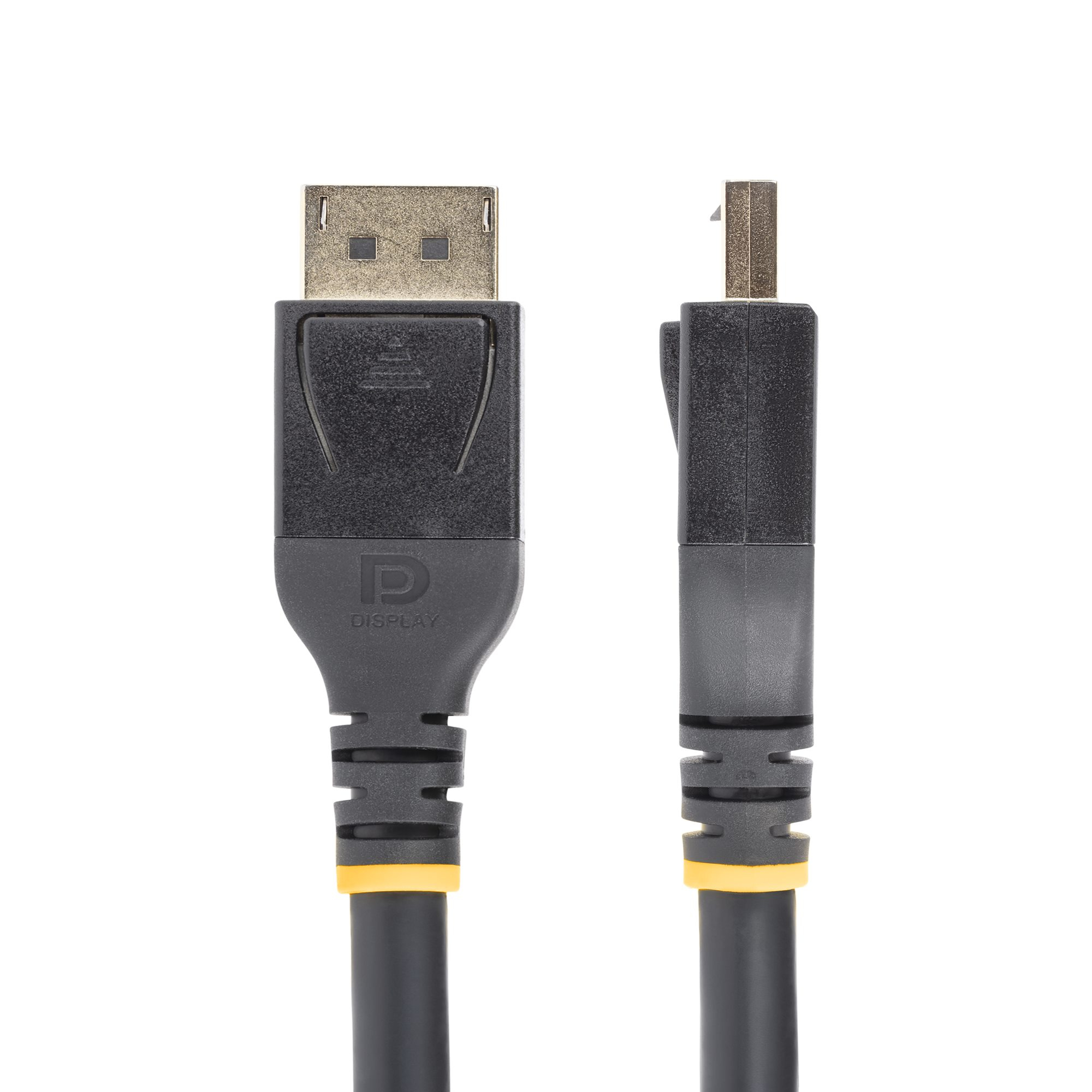 Zwei DisplayPort-Kabel vor weißem Hintergrund. Eines hat einen DP-Anschluss, das andere einen Mini-DP-Anschluss.