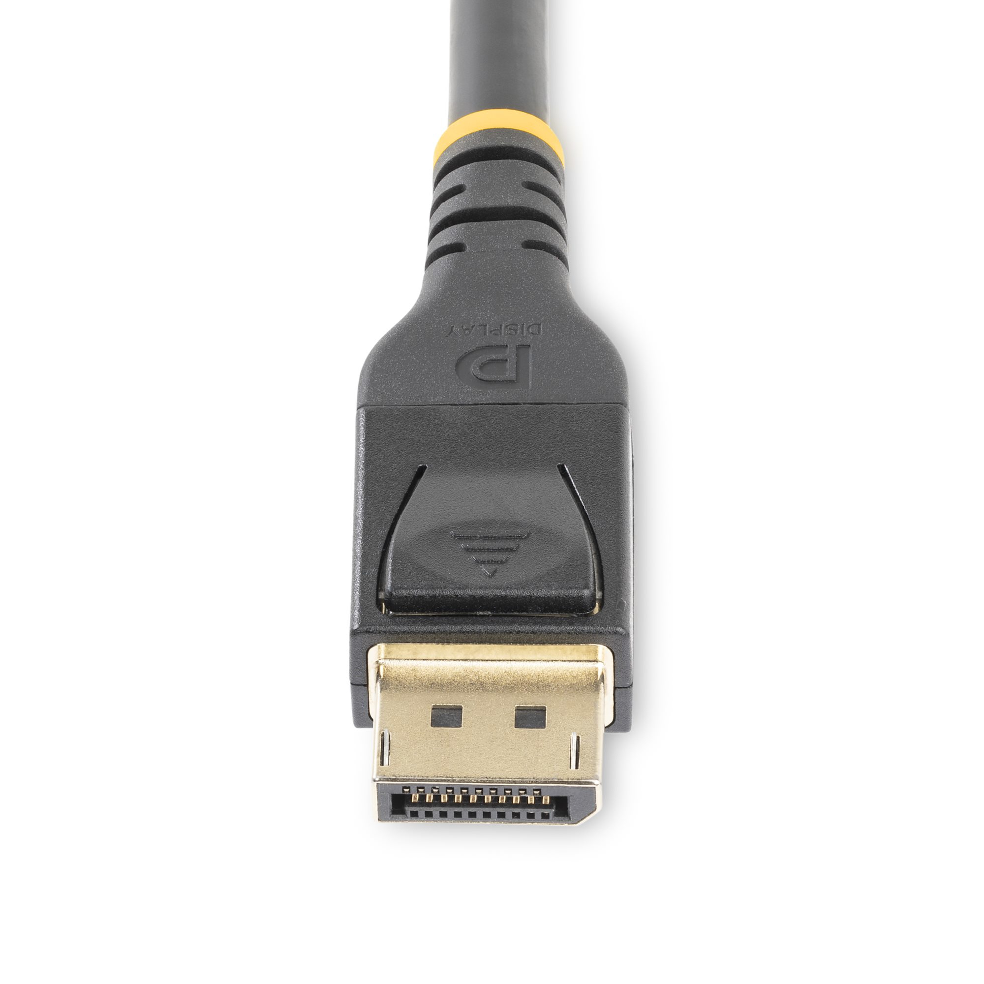 Ein DisplayPort-Kabel. Schwarzer Stecker mit goldenen Pins. Das Kabel ist schwarz mit gelbem Akzent.