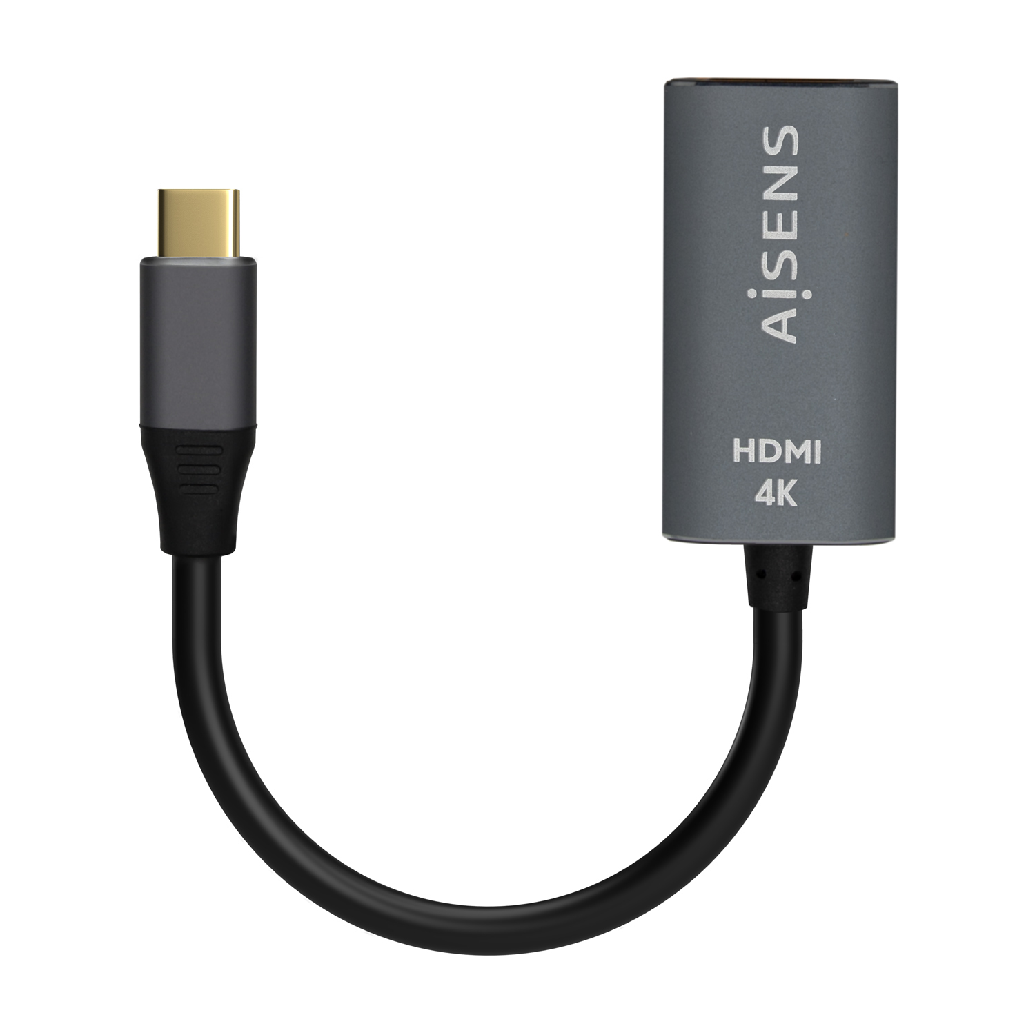 Un adaptador HDMI gris con cable negro. Tiene un conector USB-C y una carcasa gris con "AiSENS" y "HDMI 4K" impresos.