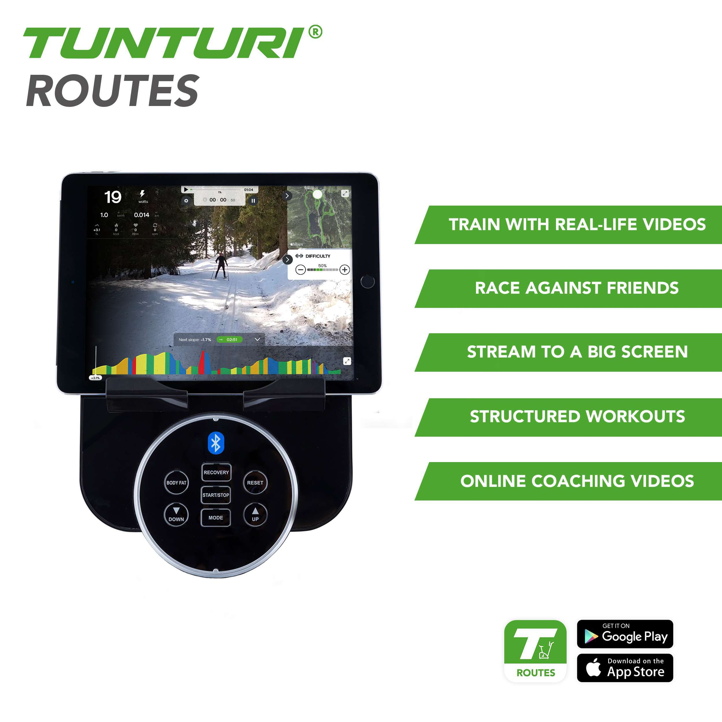 Tablet met een skivideo, met bedieningsknoppen eronder. Tekst benadrukt functies zoals online coaching.