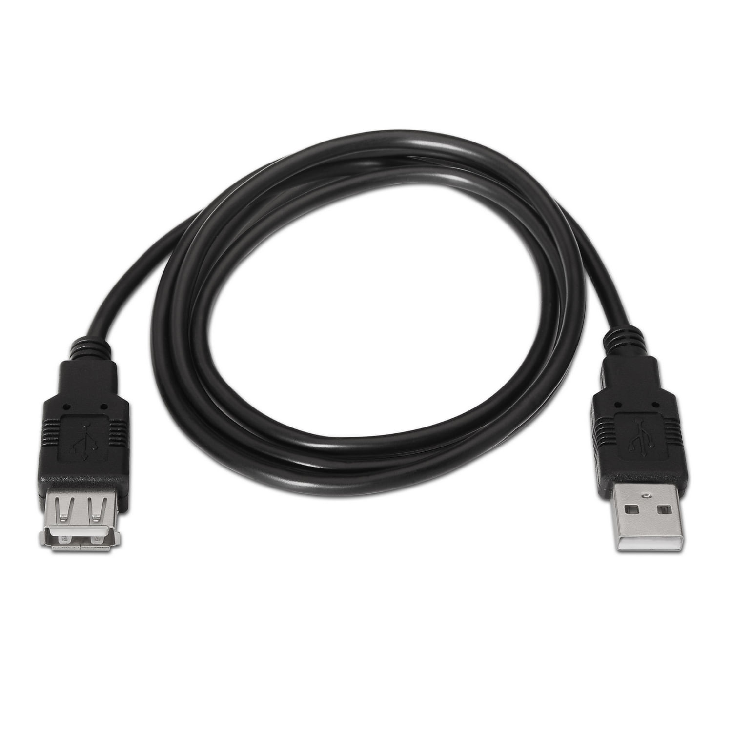 Un cavo USB nero su sfondo bianco. Il cavo forma un anello. Due connettori USB sono visibili a ciascuna estremità.