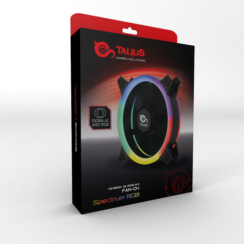 A box with a computer fan inside, with colorful lights. The box is black with red accents, and has the brand name Talius.