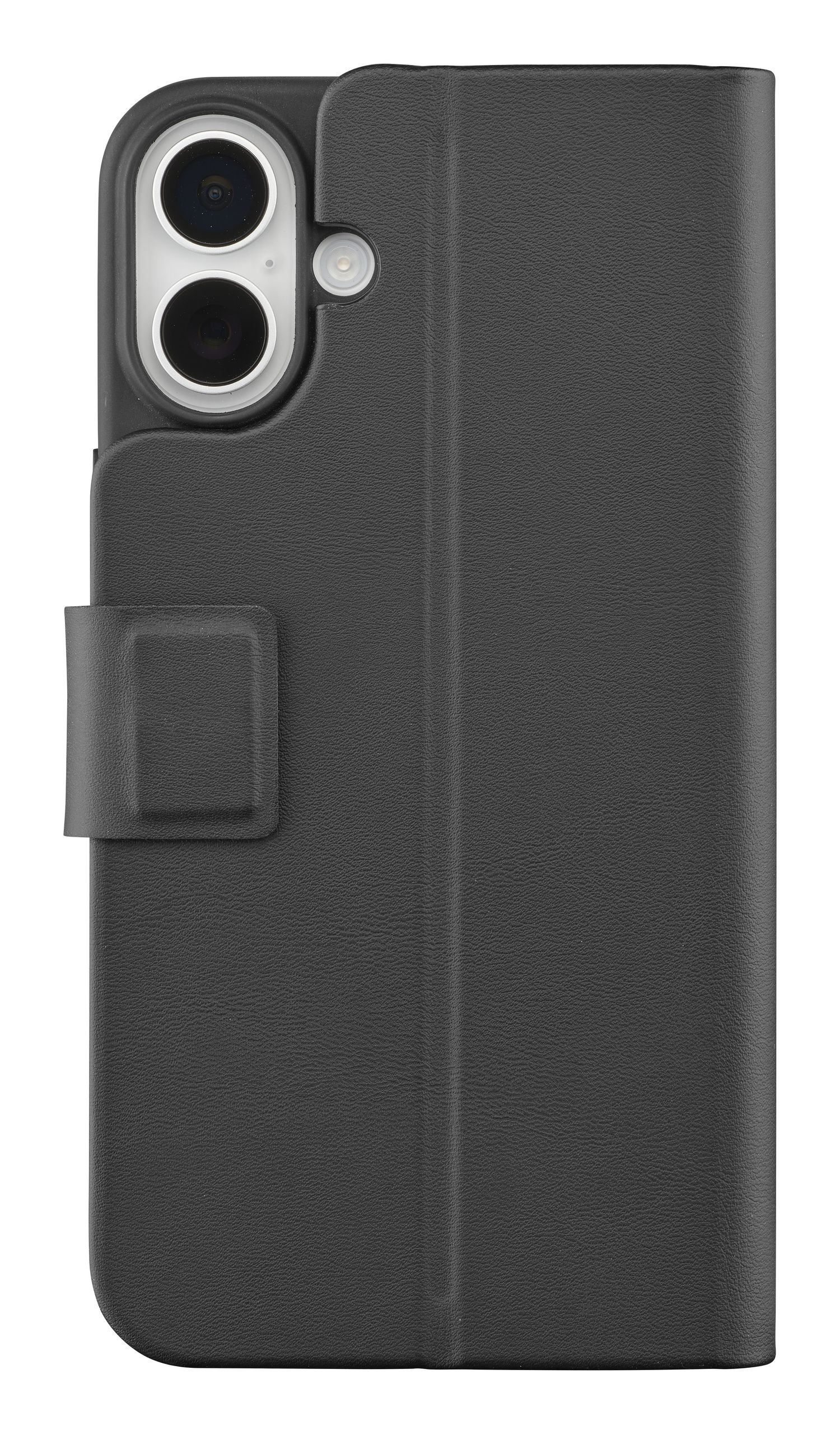 Una custodia nera per telefono con ritaglio per fotocamera, patta e chiusura magnetica. La custodia è in materiale strutturato.