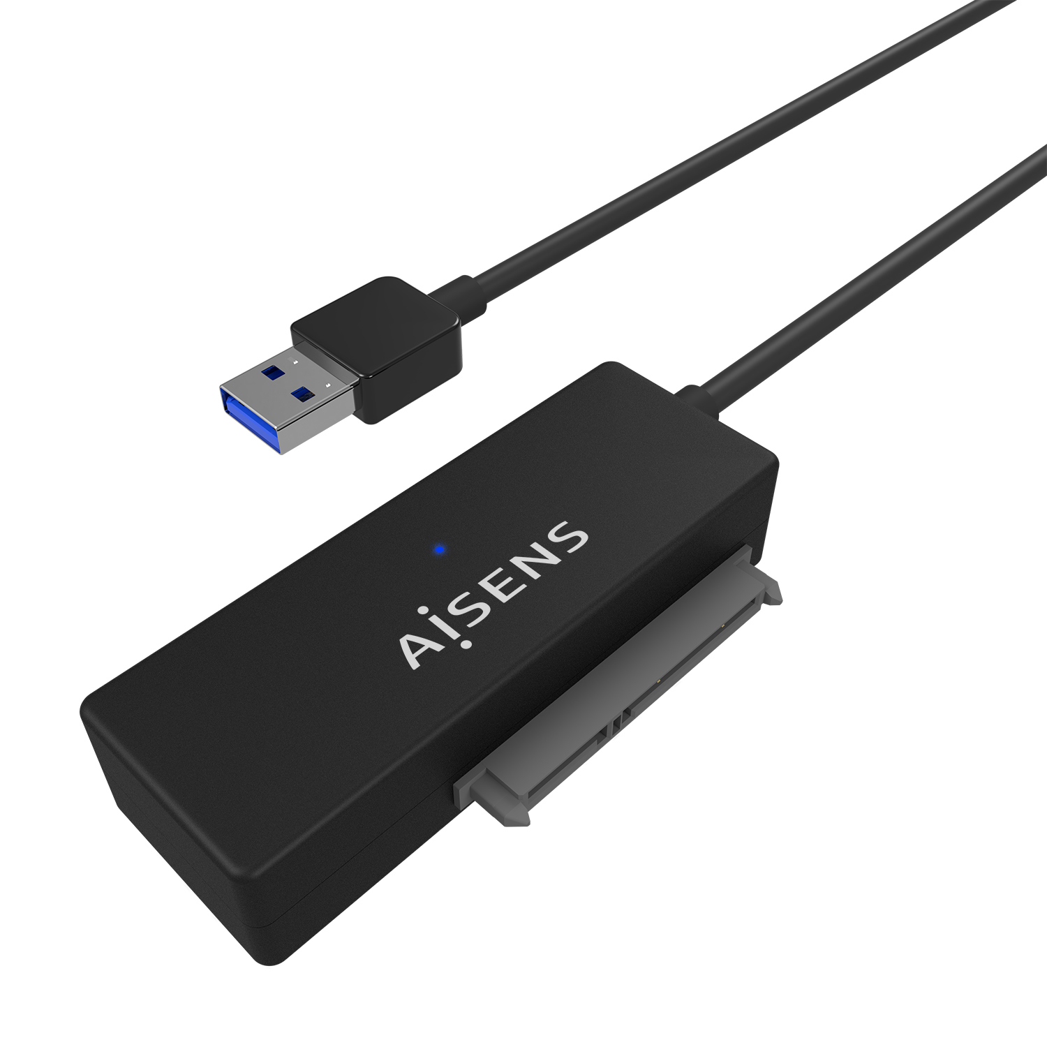 Un cable adaptador SATA a USB AISENS negro. Tiene un conector USB en un extremo y un conector SATA en el otro.