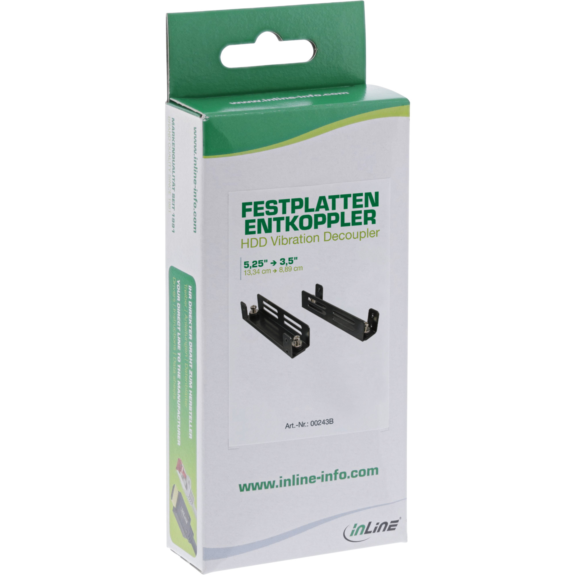 Box für HDD-Vibrationsentkoppler. Sie ist weiß mit grünen Akzenten, Produktbildern und Text auf Deutsch.