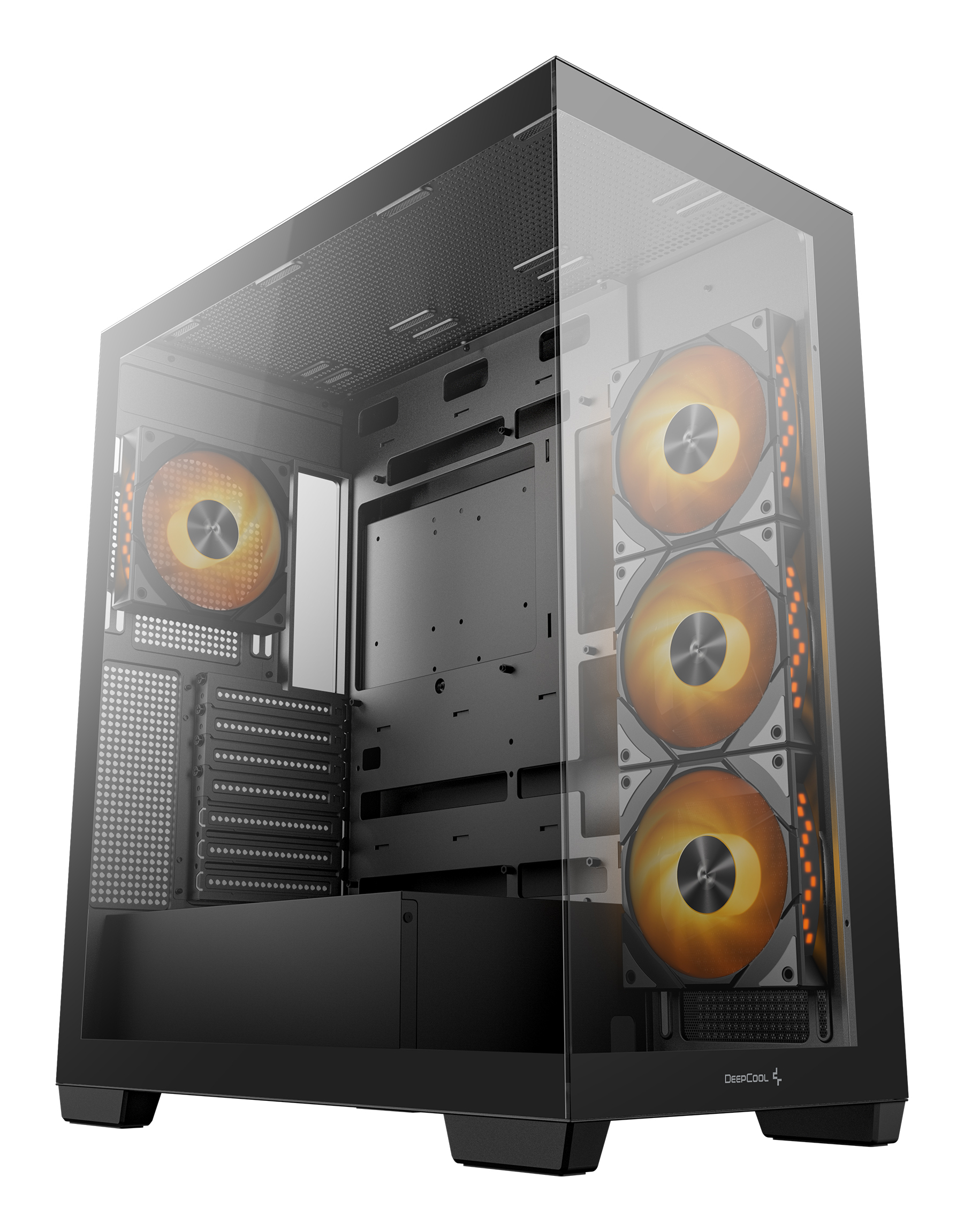 Ein Computergehäuse mit Glasplatte, Lüftern mit orangefarbenen Lichtern und schwarzem Innenraum. Das Gehäuse ist nach rechts abgewinkelt.