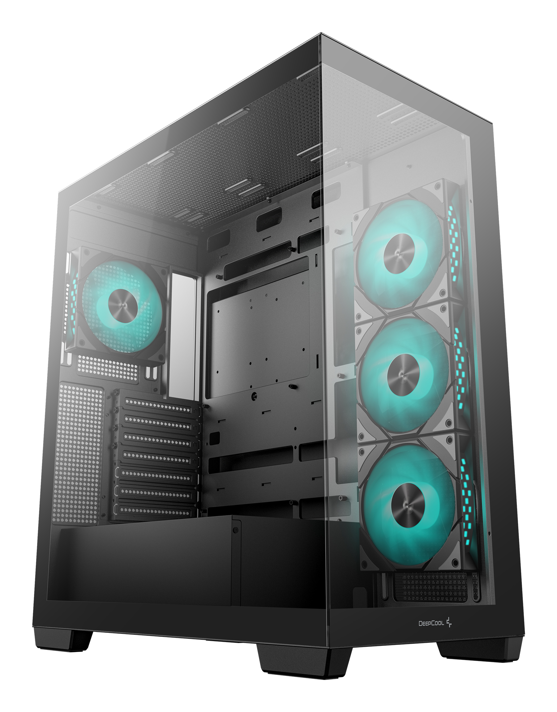 Ein Computergehäuse mit Glasplatte und drei Lüftern mit tealfarbenen Lichtern. Das Gehäuse ist schwarz und hat ein modernes Design.