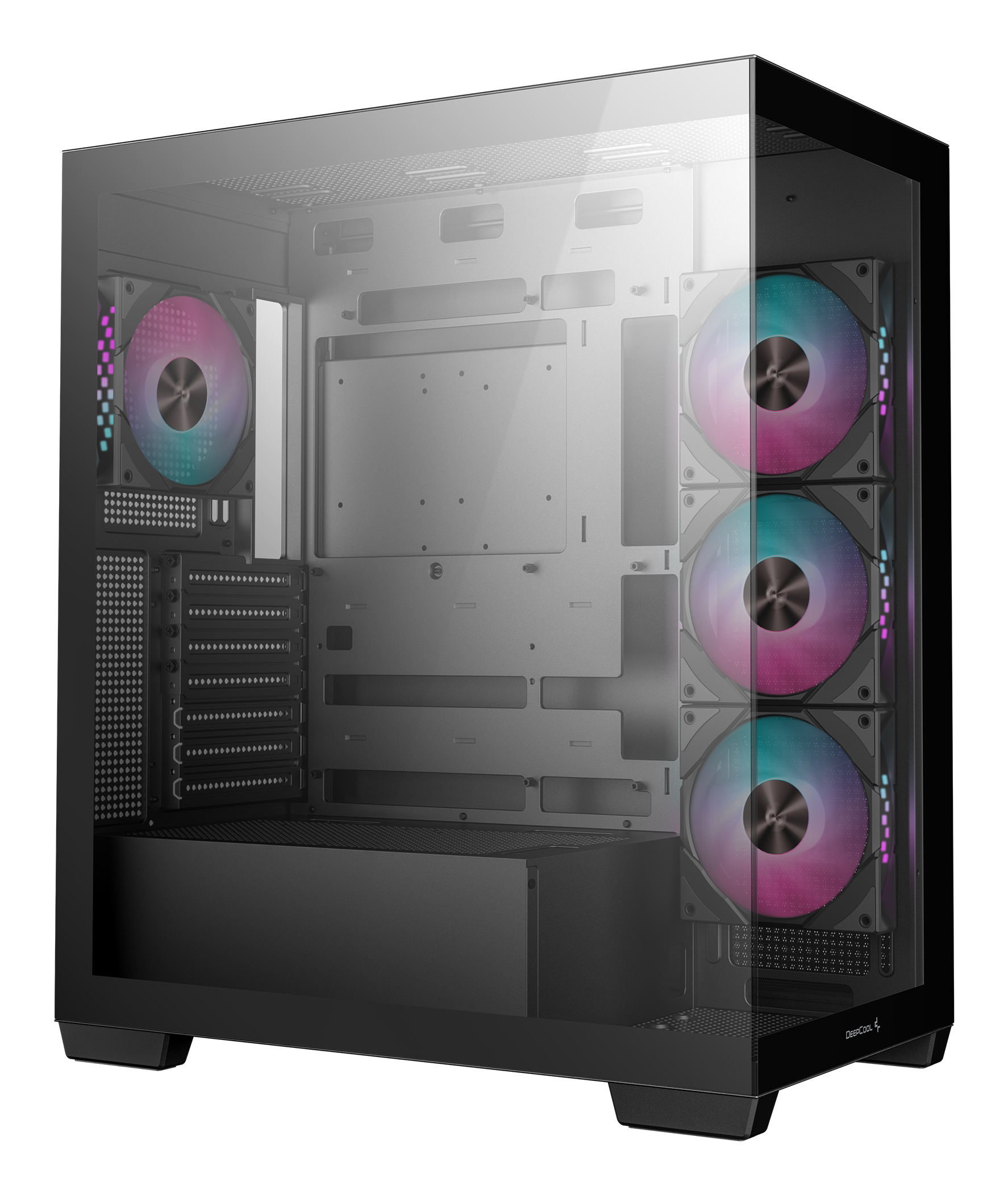 Schwarzes Computergehäuse mit Glasfront, zeigt Lüfter mit bunten LED-Lichtern. DeepCool-Logo ist sichtbar.