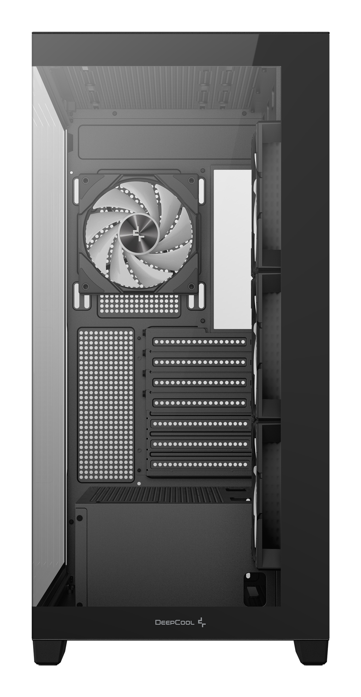 Ein Computergehäuse mit Glasseitenwand. Innen befinden sich Lüfter, Laufwerksschächte und ein DeepCool-Logo. Schwarz-Silber-Farbschema.