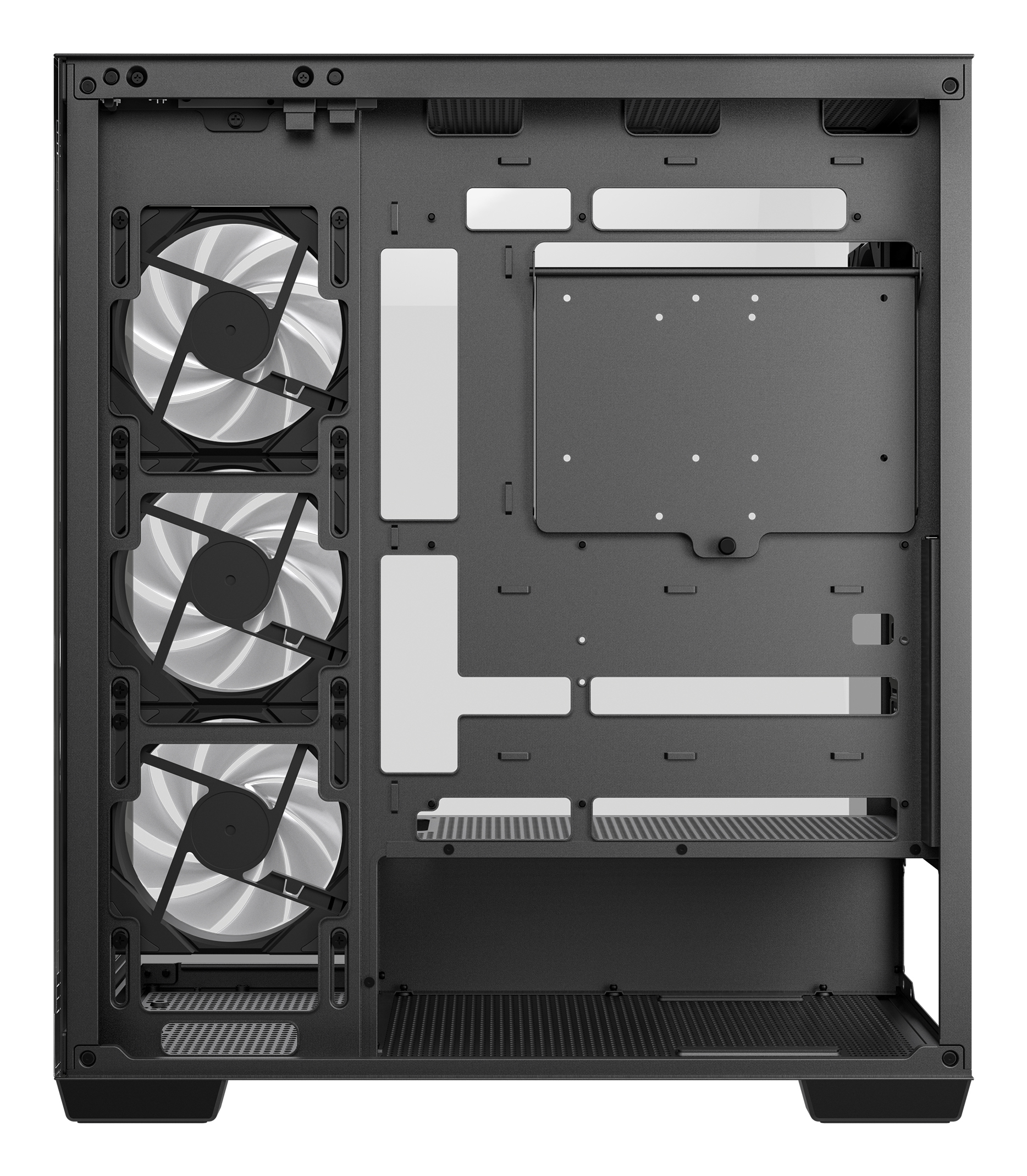 Schwarzes Computergehäuse-Inneres mit Lüftern. Es hat Platz für Komponenten. Lüfter sind sichtbar. Weißer Hintergrund.