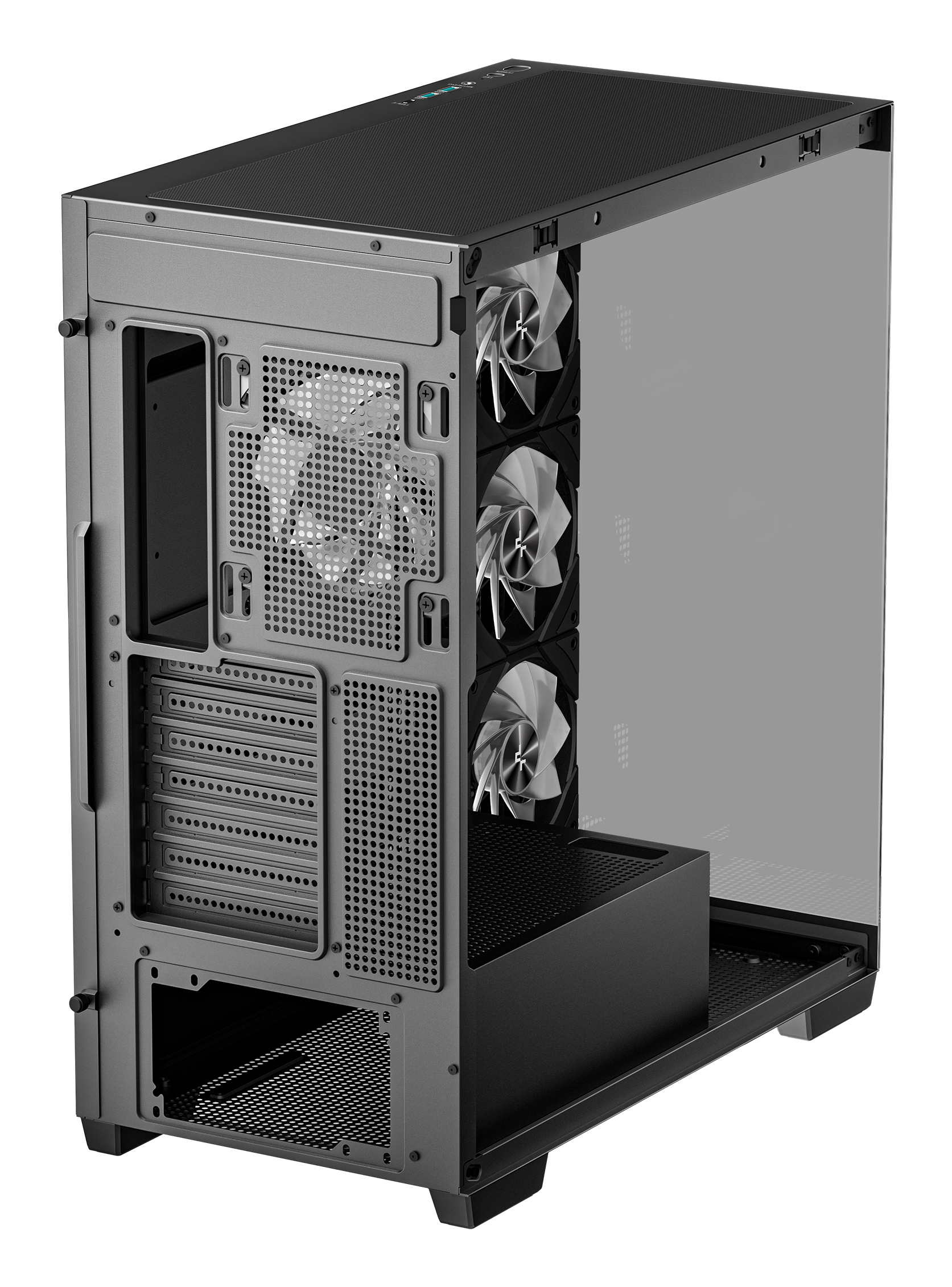 Ein Computergehäuse mit transparentem Seitenteil, Lüftern und verschiedenen Öffnungen. Das Gehäuse ist schwarz und silber.