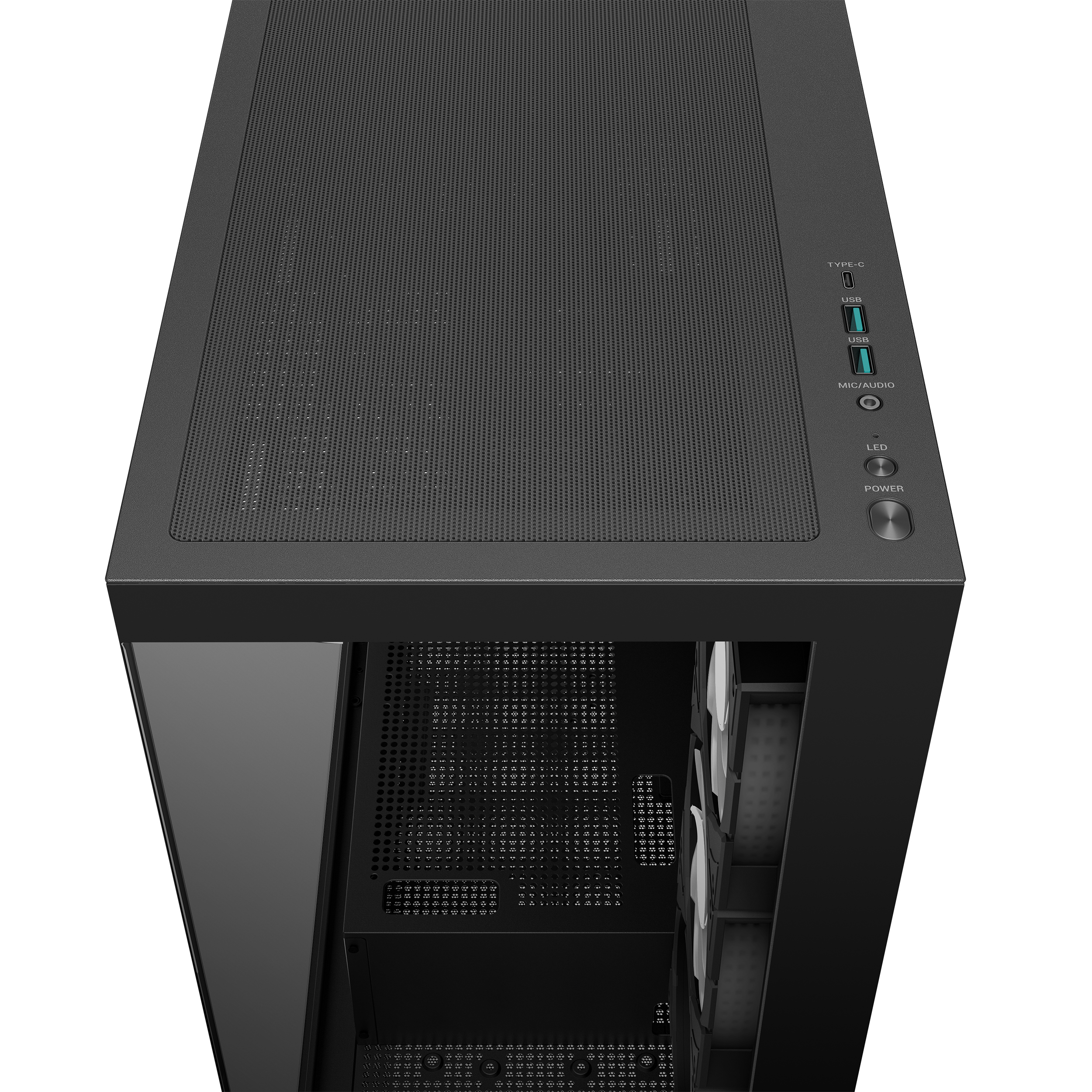 Schwarzer Computer-Gehäuse, Winkelansicht. Merkmale sind ein Mesh-Top, eine transparente Seitenwand und Frontplattenanschlüsse.