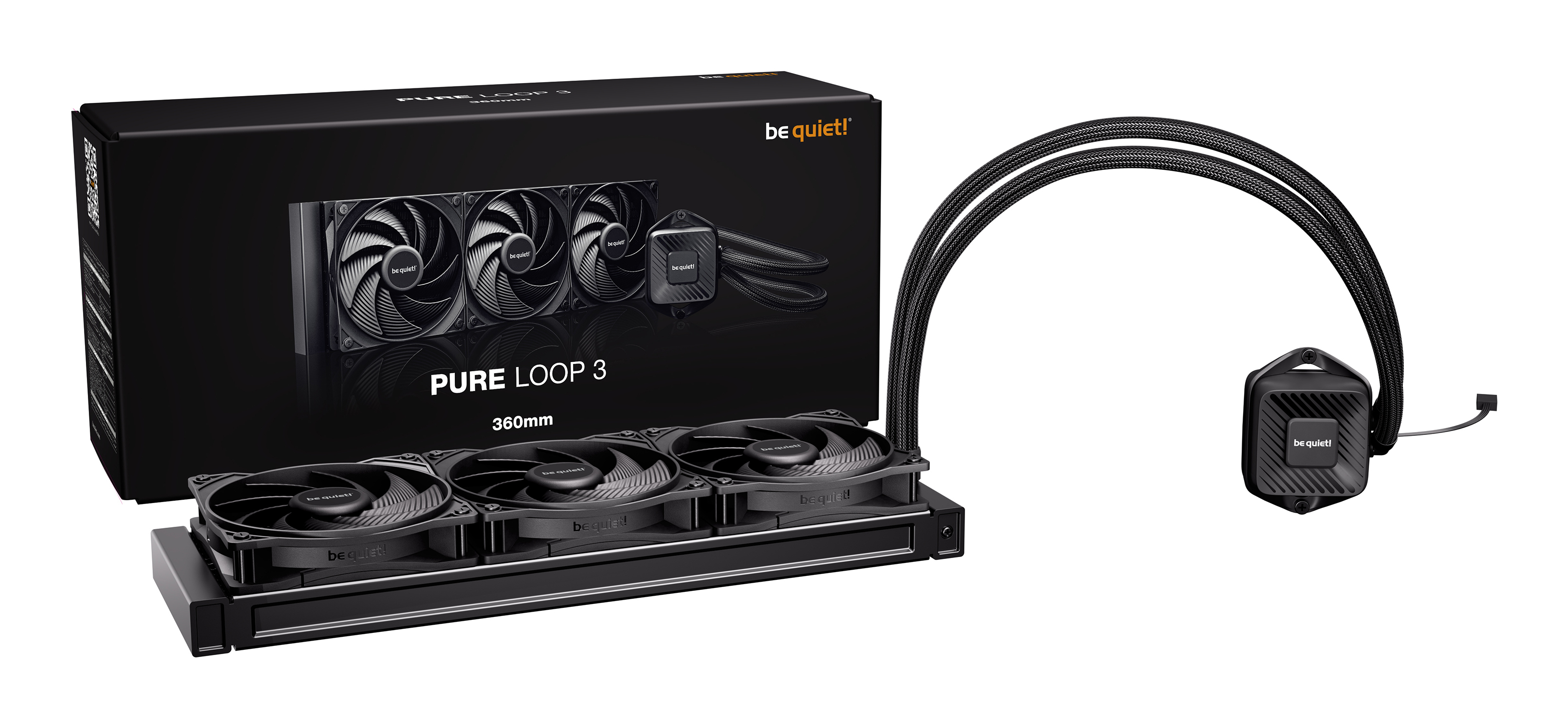 A black Pure Loop 3 liquid cooler with fans and a box. The brand name is be quiet!.