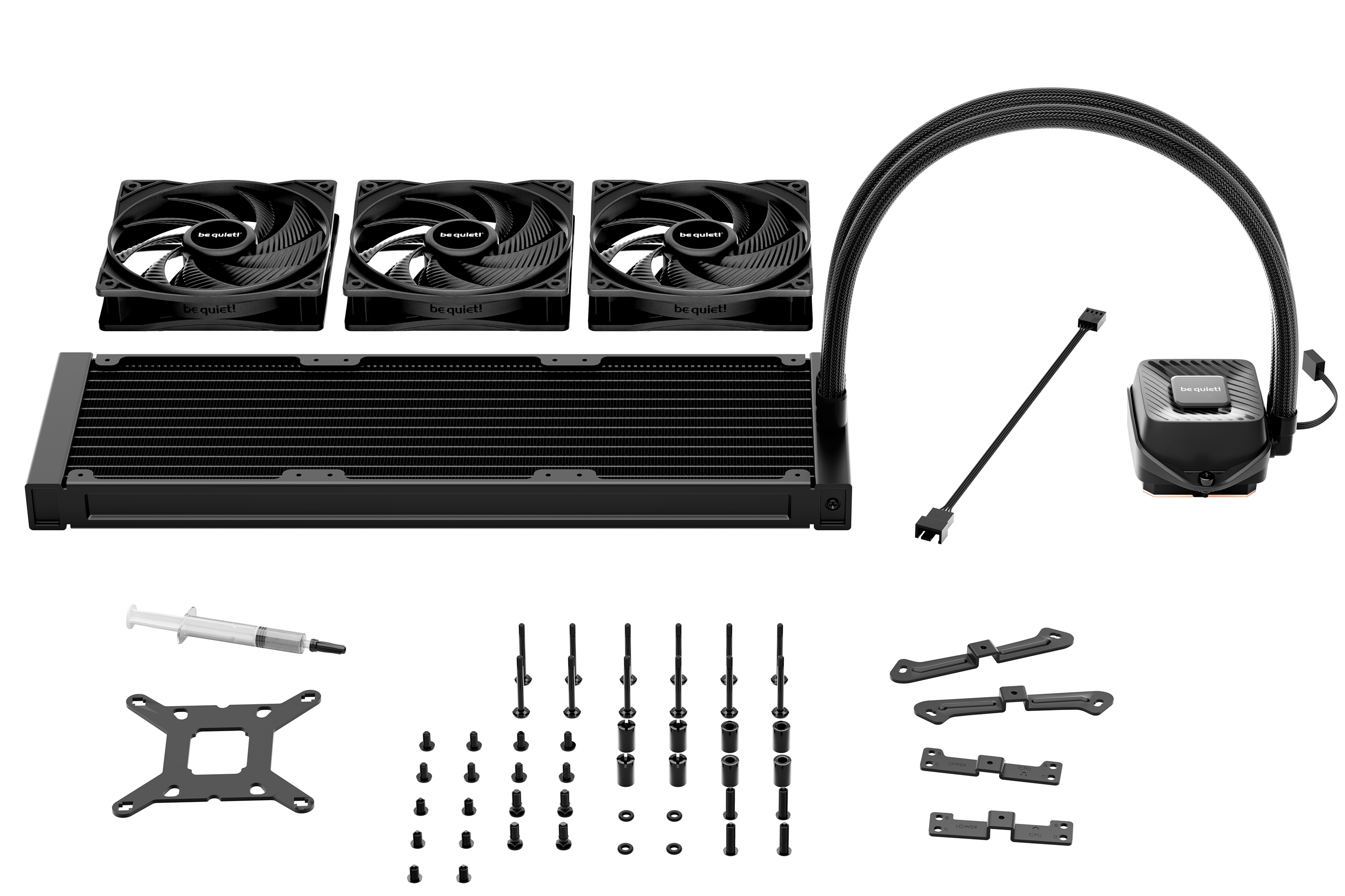A computer liquid cooler kit, including fans, a radiator, pump, tubing, mounting hardware, and thermal paste, all black.