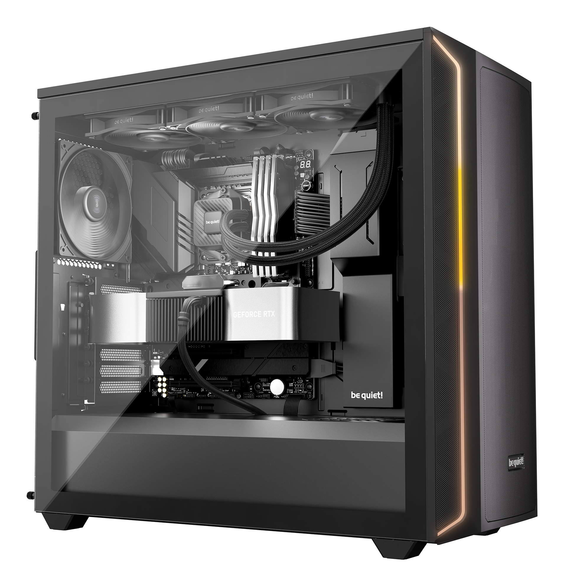 A computer case with a glass side panel. Inside are components like a graphics card and cooling fans. The case has LED lights.