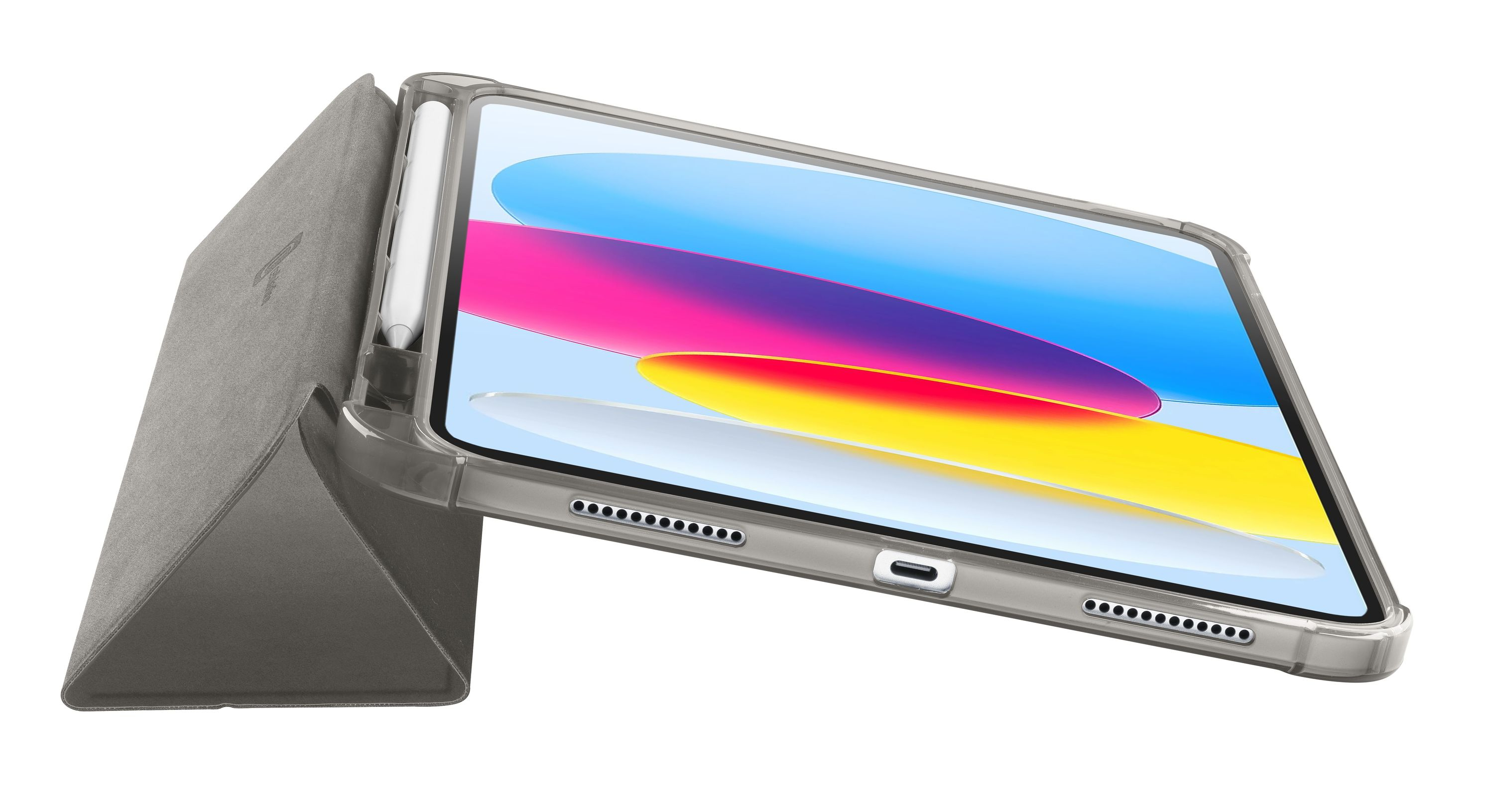 Un iPad con custodia trasparente e stilo, sostenuto da una cover grigia. Lo schermo mostra una sfumatura colorata.