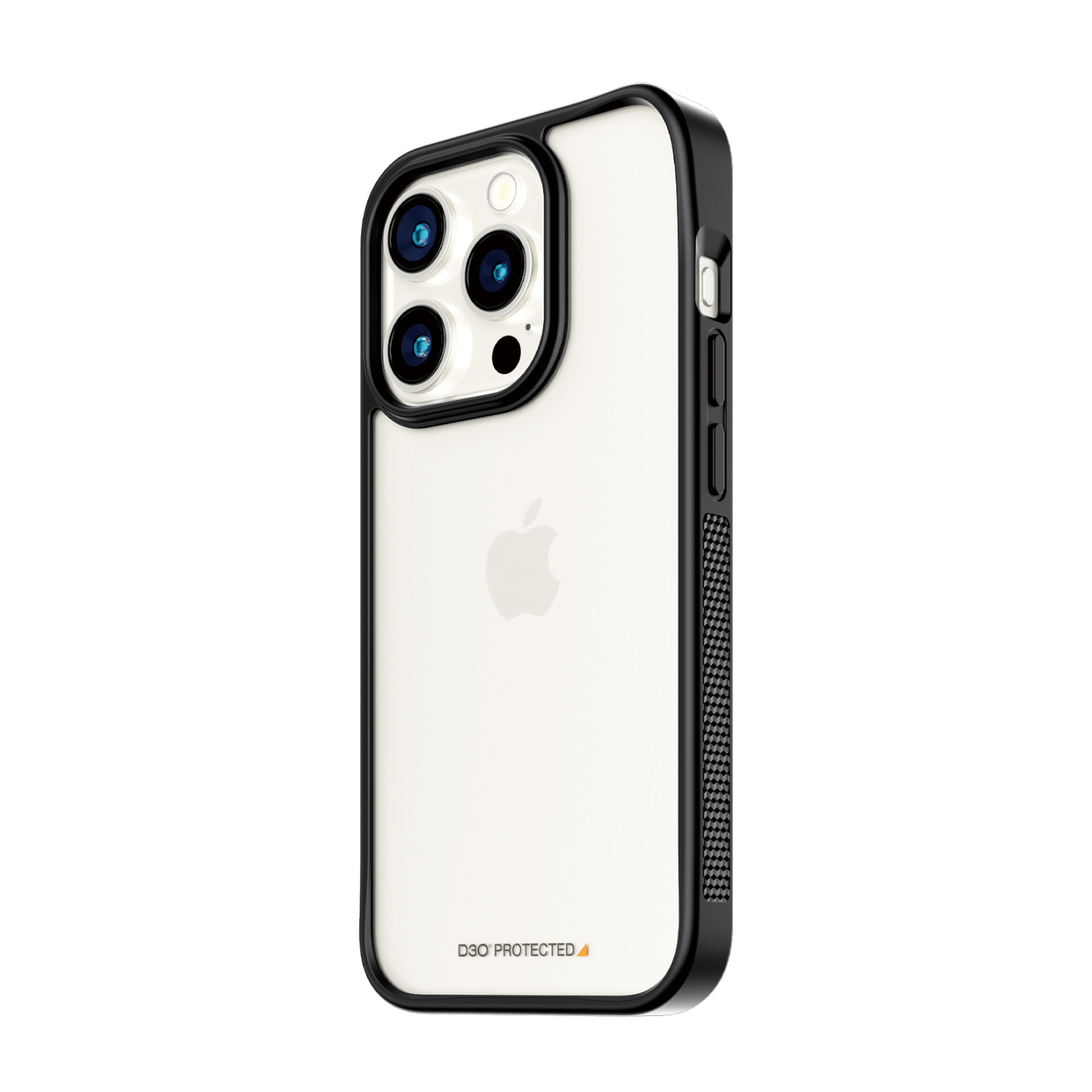 Ein iPhone in einer schwarzen Schutzhülle. Die Rückseite zeigt das Apple-Logo und die Kameralinsen.
