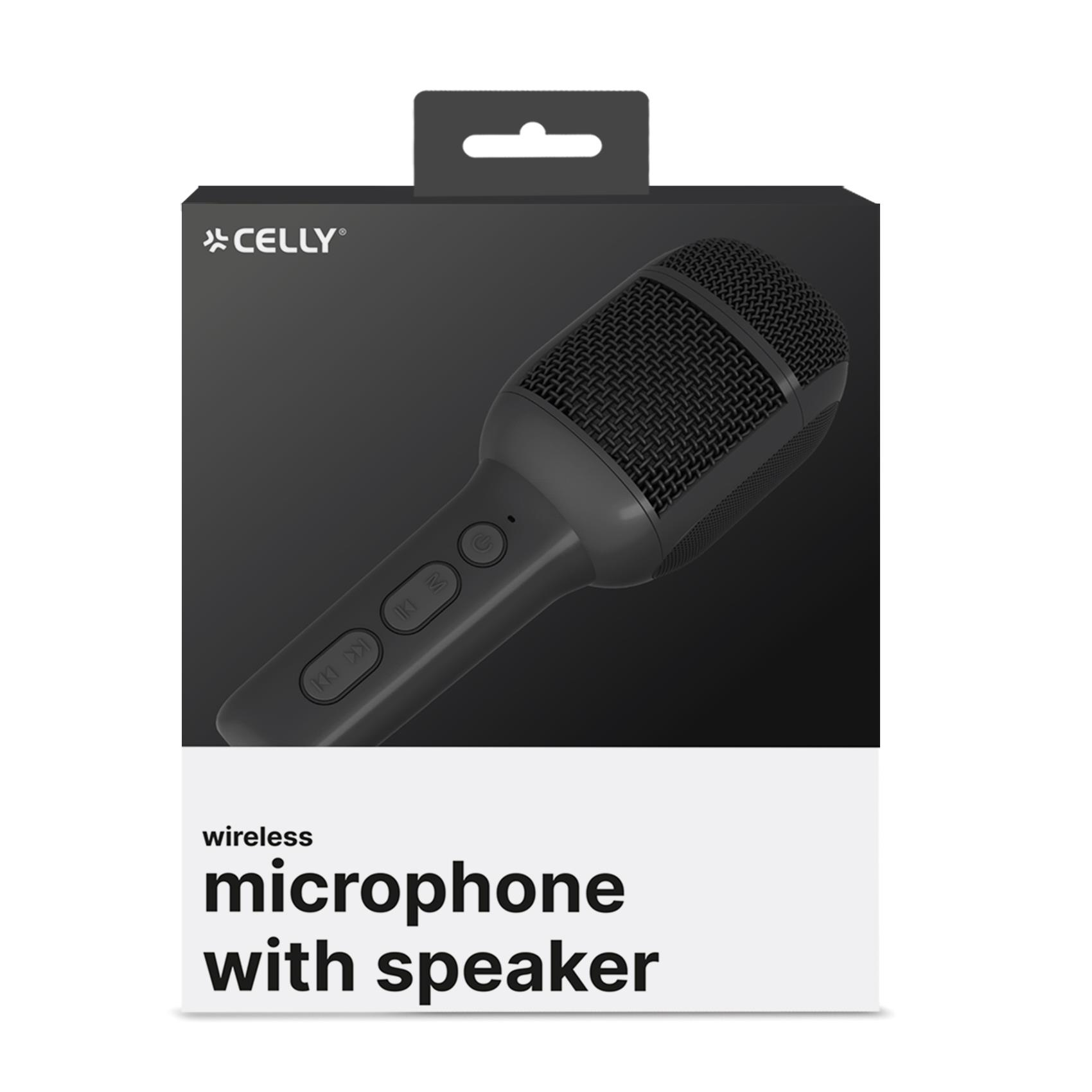 Un micrófono inalámbrico negro con altavoz en su embalaje, con la marca Celly.