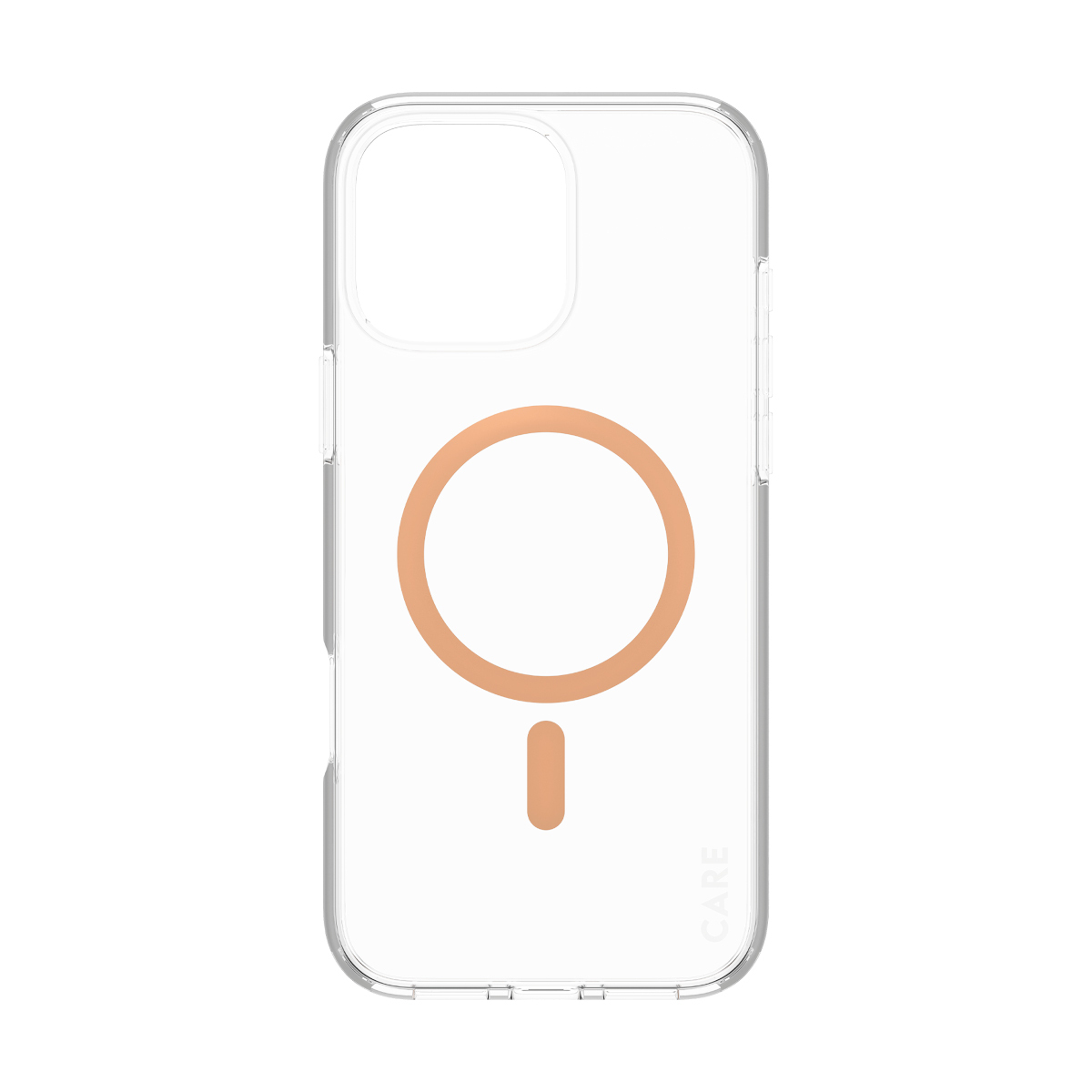 Şeffaf telefon kılıfı. Ortasında bir daire ve küçük bir dikdörtgen var. Daire ve dikdörtgen turuncudur.